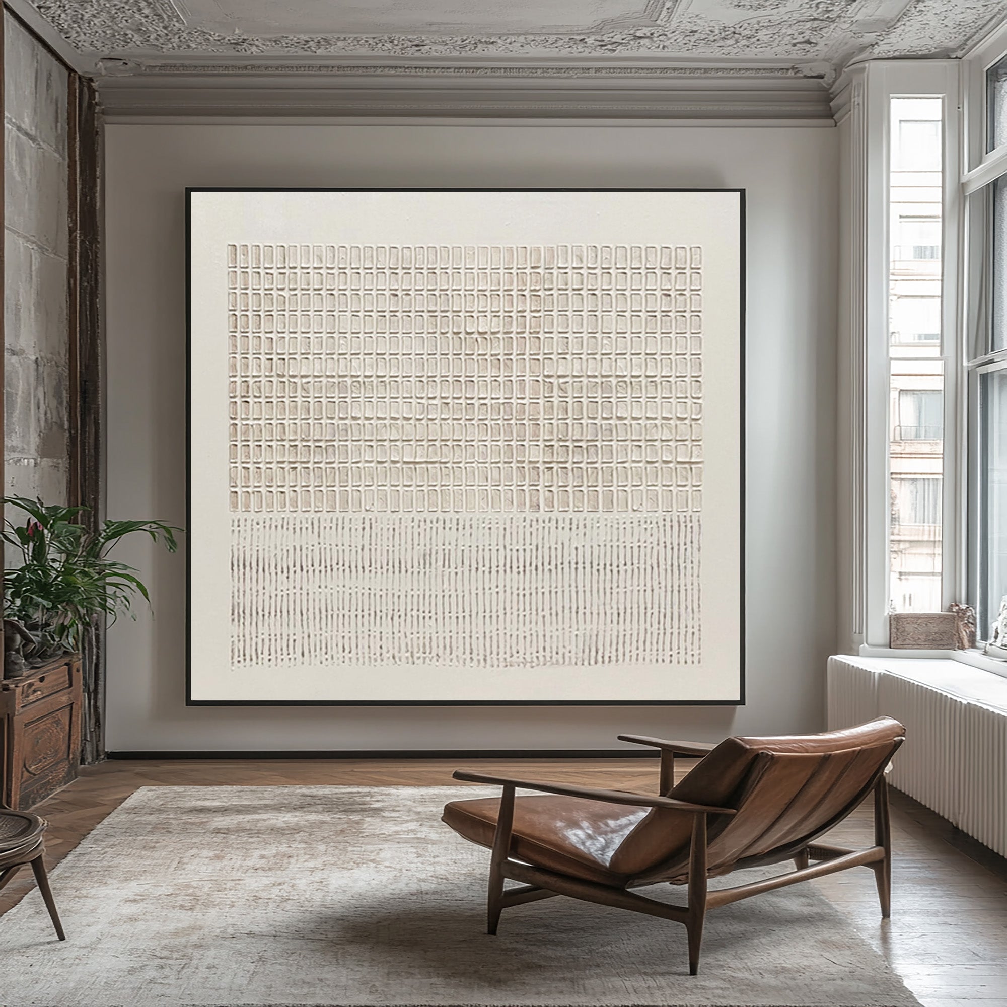 Large Contemporary Abstract Oil Painting, Beige Grid Textured Art for Modern Interior #WAB 018