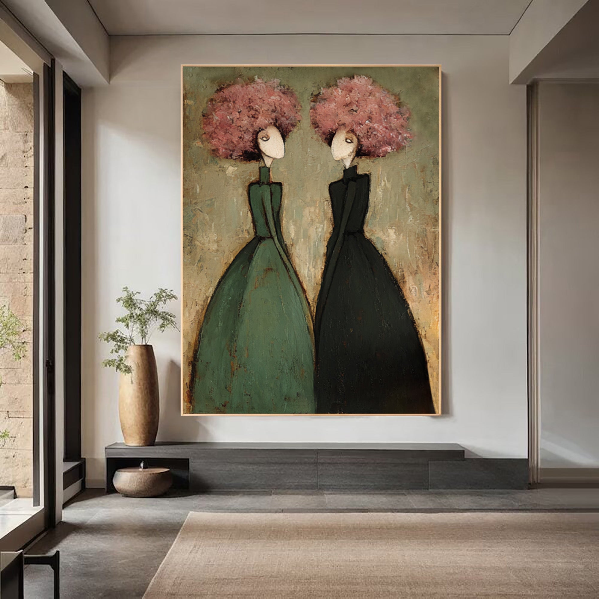 Large Contemporary Portrait Oil Painting – Modern Green and Pink Canvas Wall Art #WAB 035