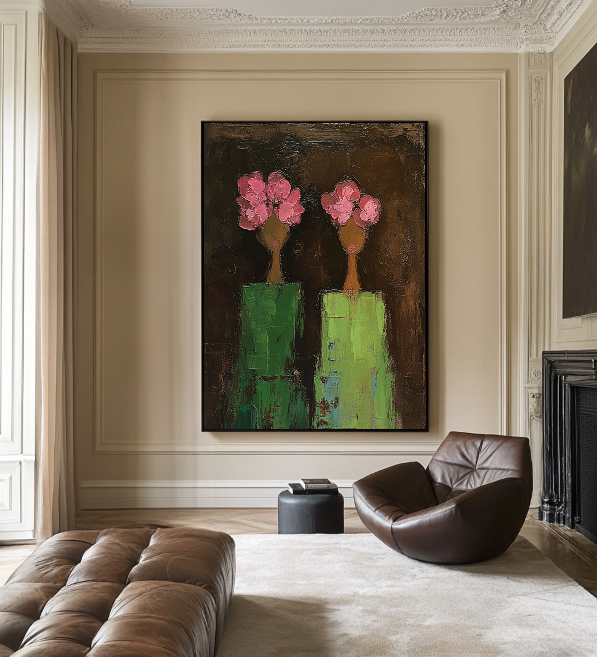 Large Modern Figurative Oil Painting on Canvas – Elegant Pink Floral Portrait Wall Art #WAB 039