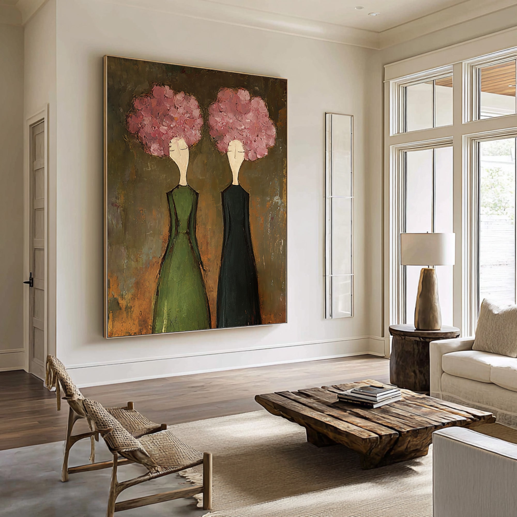 Large Modern Floral Portrait Oil Painting on Canvas – Elegant Green Dress Wall Art #WAB 042