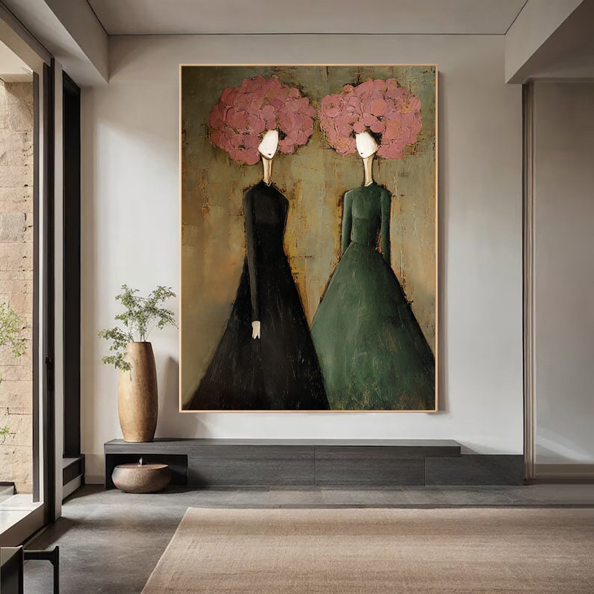 Large Modern Portrait Oil Painting on Canvas – Elegant Green Figurative Wall Art Decor #WAB 037