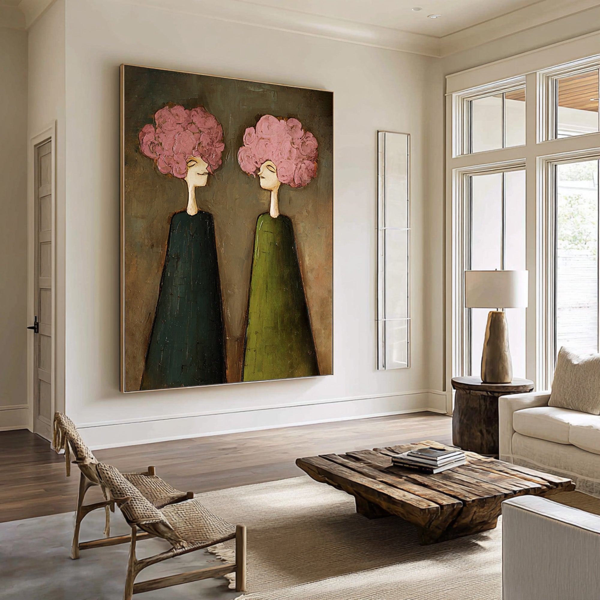 Large Pink Floral Portrait Oil Painting – Modern Green Dress Canvas Wall Decor #WAB 041
