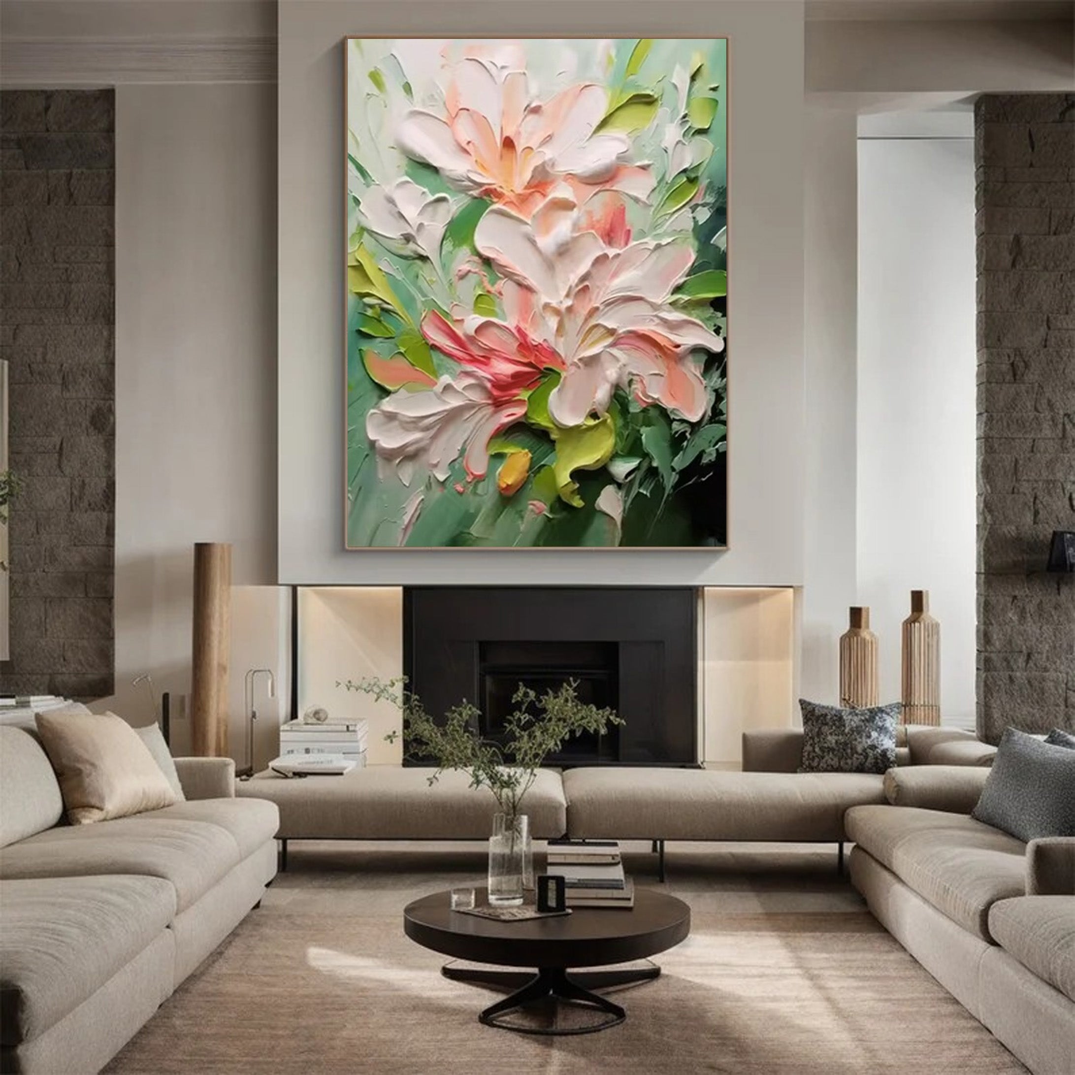 Textured Bloom: 3D Impasto Flower Art, Pink Green Palette #BGA 122