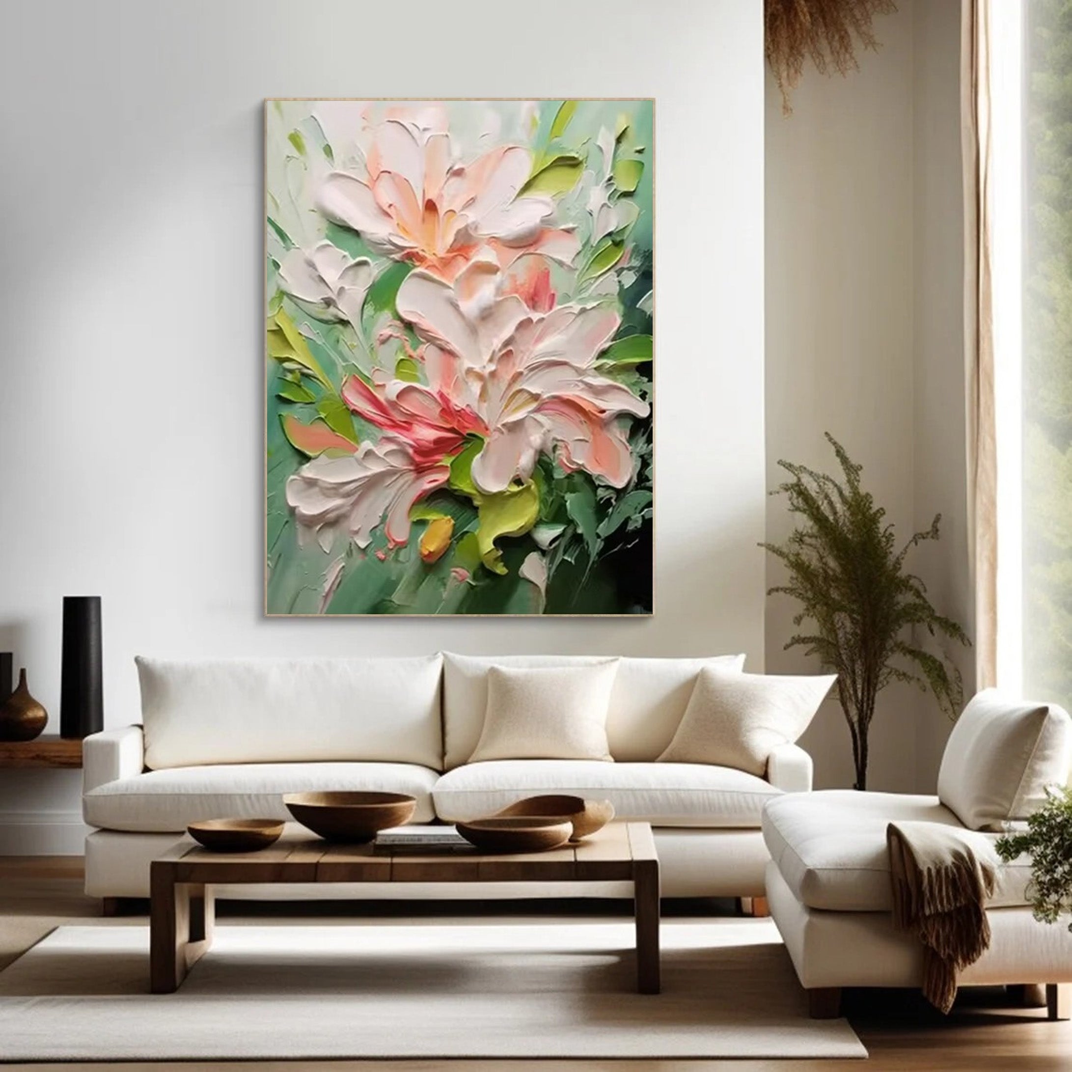 Textured Bloom: 3D Impasto Flower Art, Pink Green Palette #BGA 122