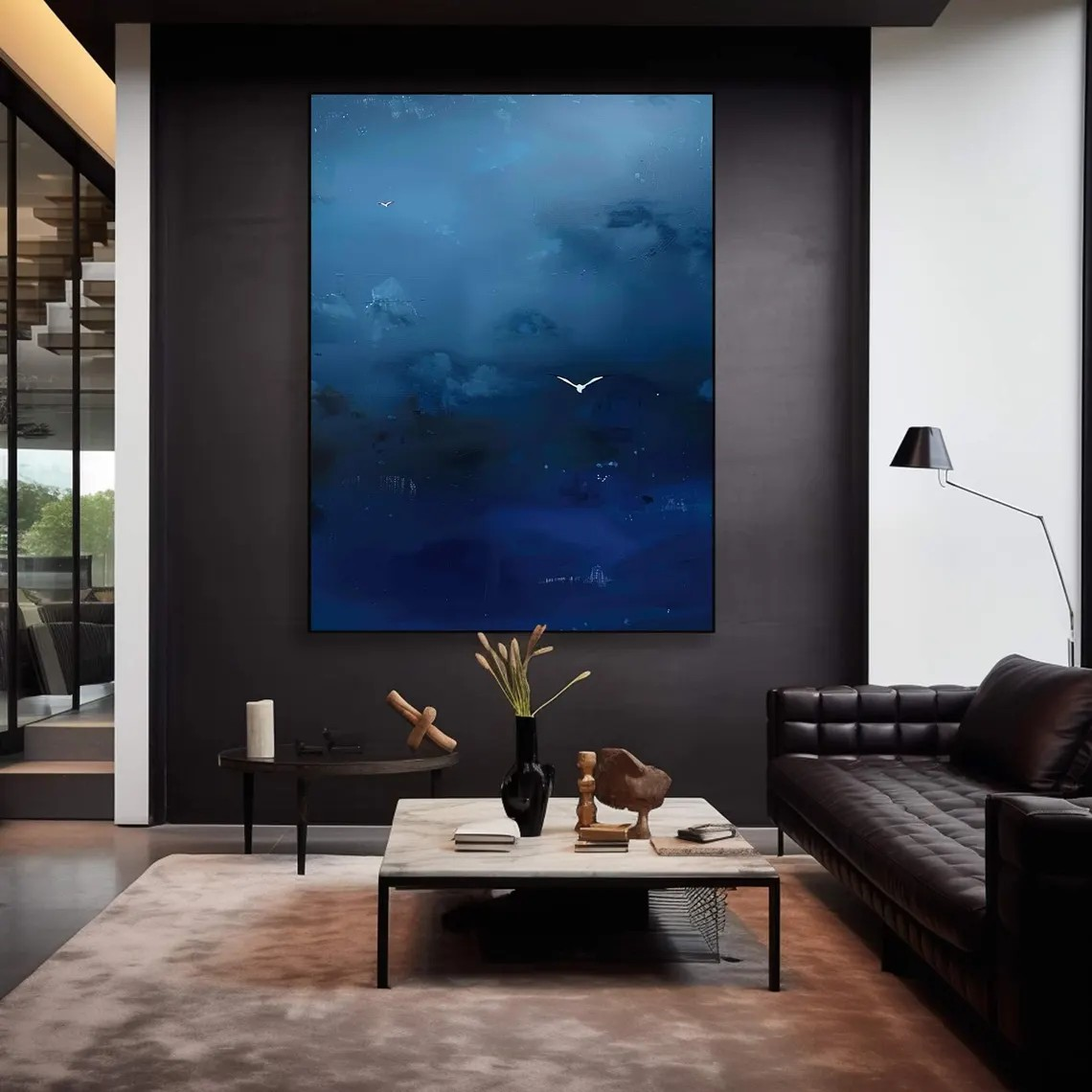 Dark Blue Sky Painting, Birds in Flight, Surrealist Canvas #BGA 093