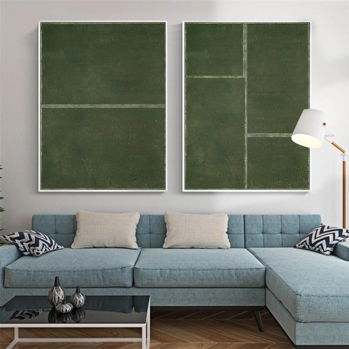 Modern Green Geometric Art, Textured Minimalist Set Of 2 #BGA 082