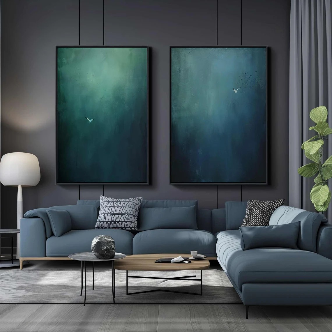 Serene Gradient Landscape Diptych, Minimalist Bird Wall Art #BGA 075