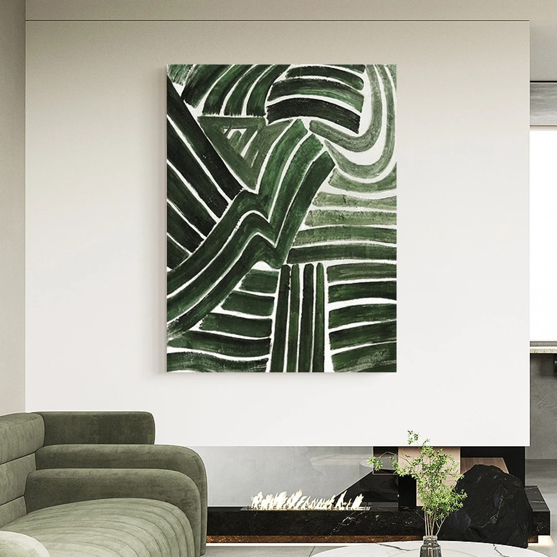 Bold Green Line Modern Abstract Painting, Minimalist Decor #BGA 097