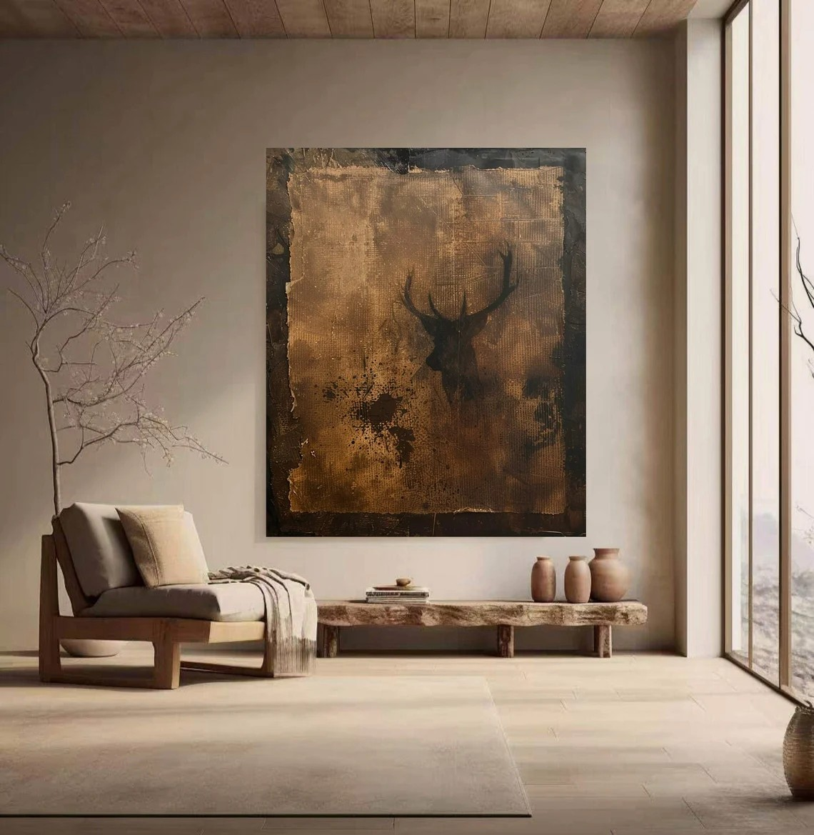 Rustic Painting, Deer Silhouette, Wabi-Sabi Inspired Wall Art #BGA 079