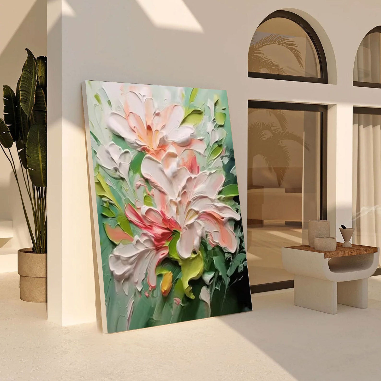 Textured Bloom: 3D Impasto Flower Art, Pink Green Palette #BGA 122