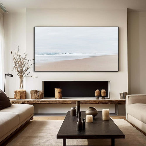 Serene Coastal Shoreline Large Framed Canvas Print Wall Art - Tranquil Beach Decor