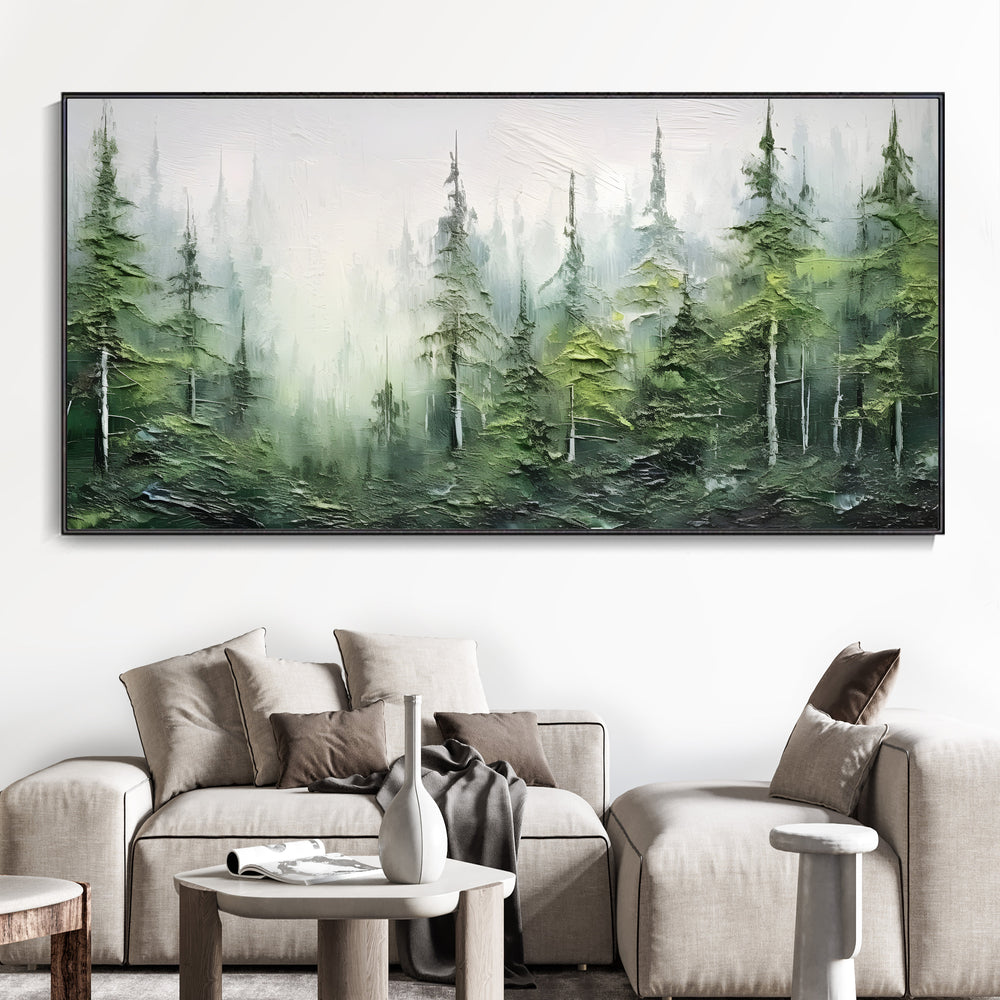 Misty Green Forest Landscape Textured Canvas Wall Art