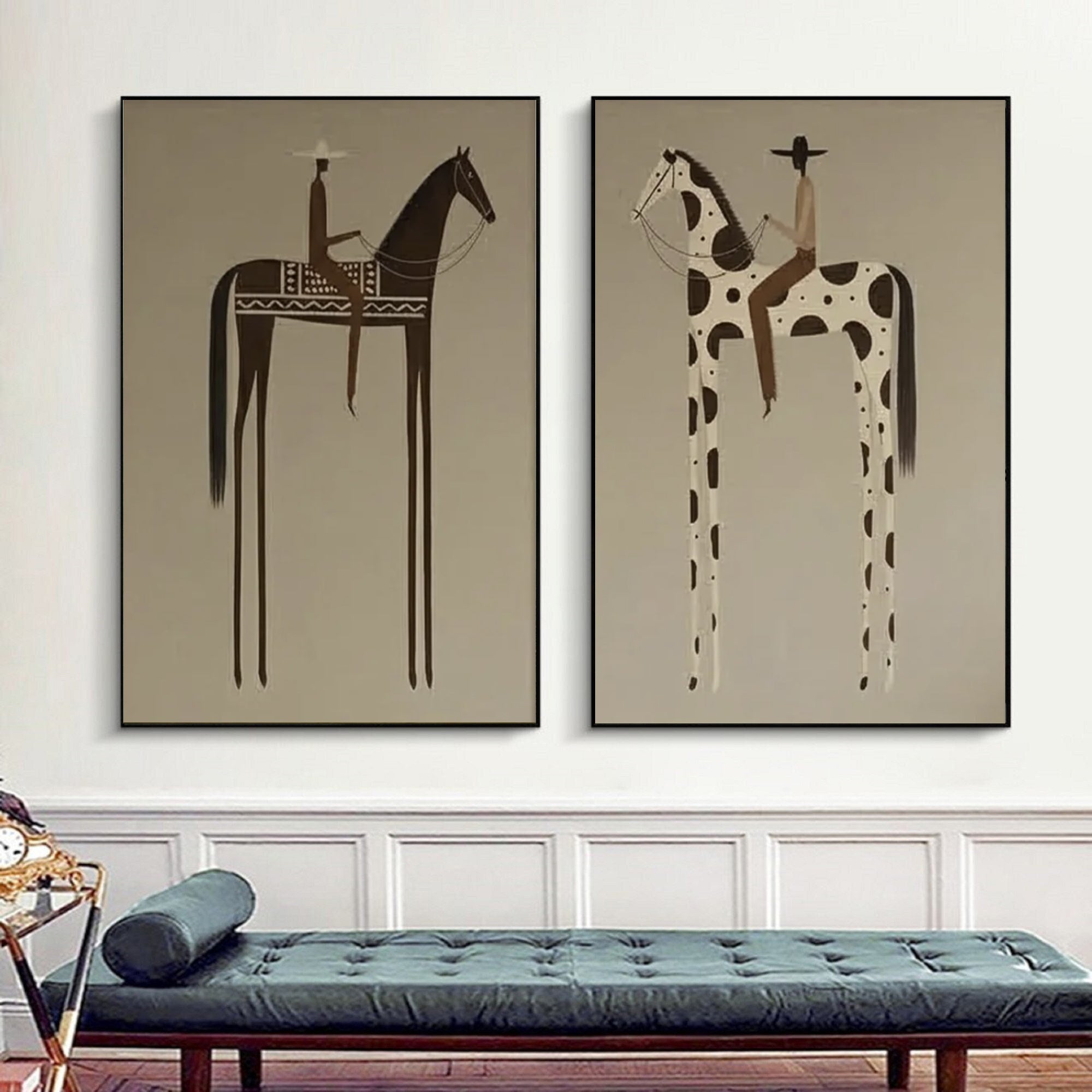 Large Minimalist Horse Rider Diptych Wall Art Contemporary Neutral Canvas Set 