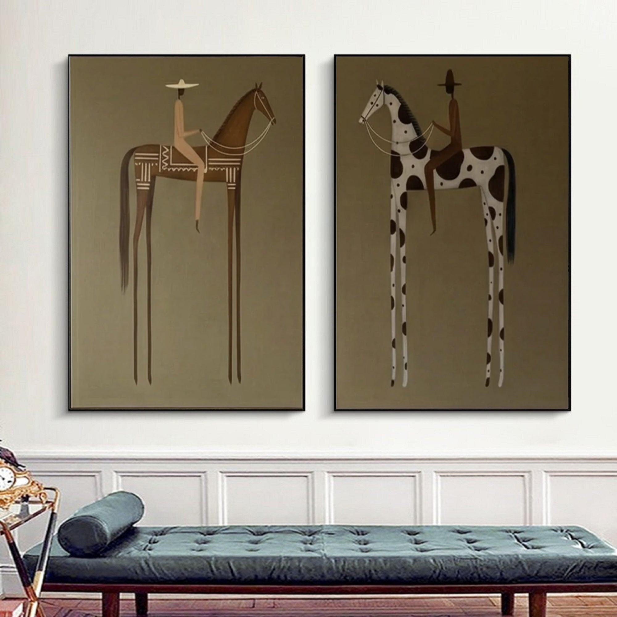 Large Contemporary Horse Rider Diptych Wall Art Minimalist Equestrian Canvas Set