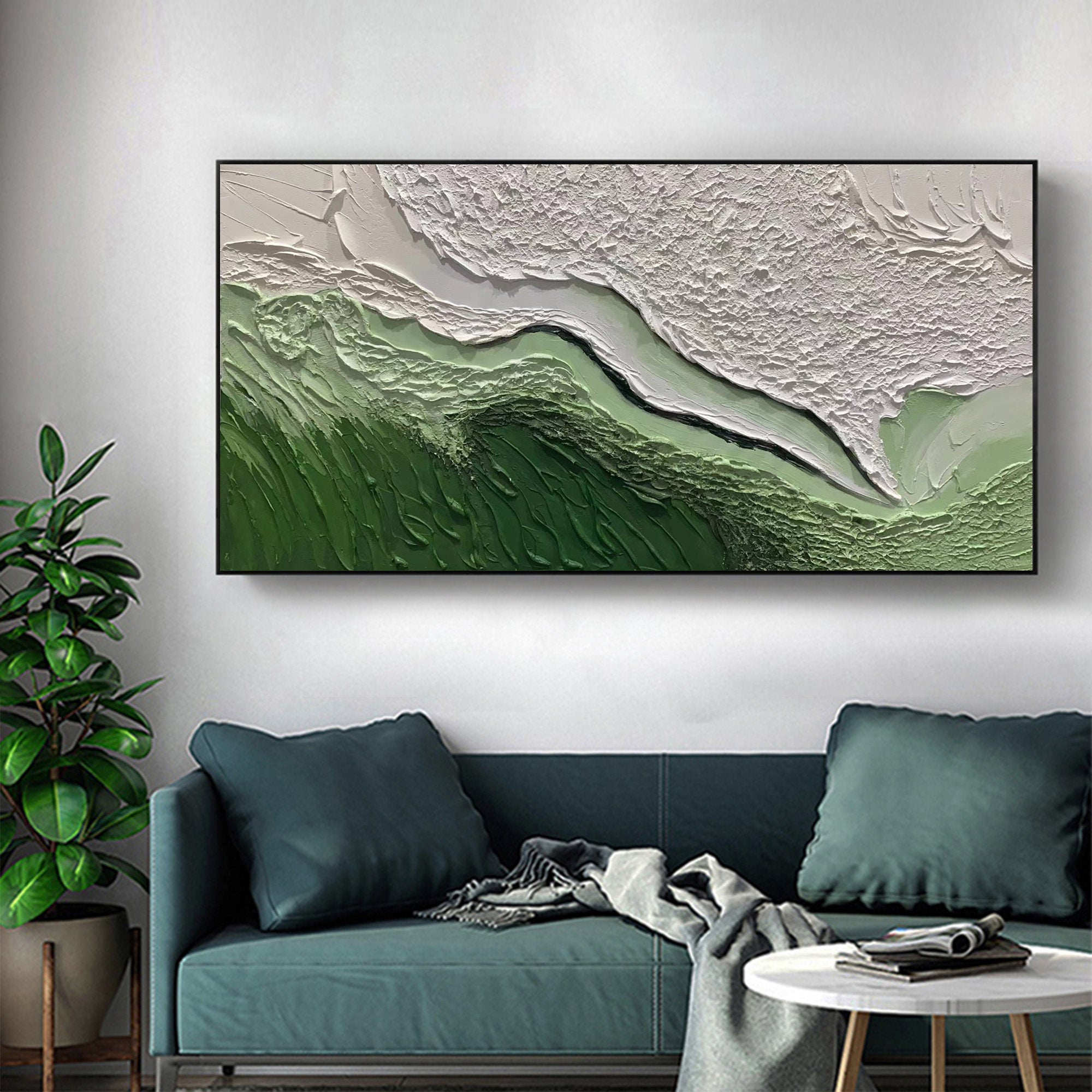Large Green & White 3D Texture Painting #UL 001