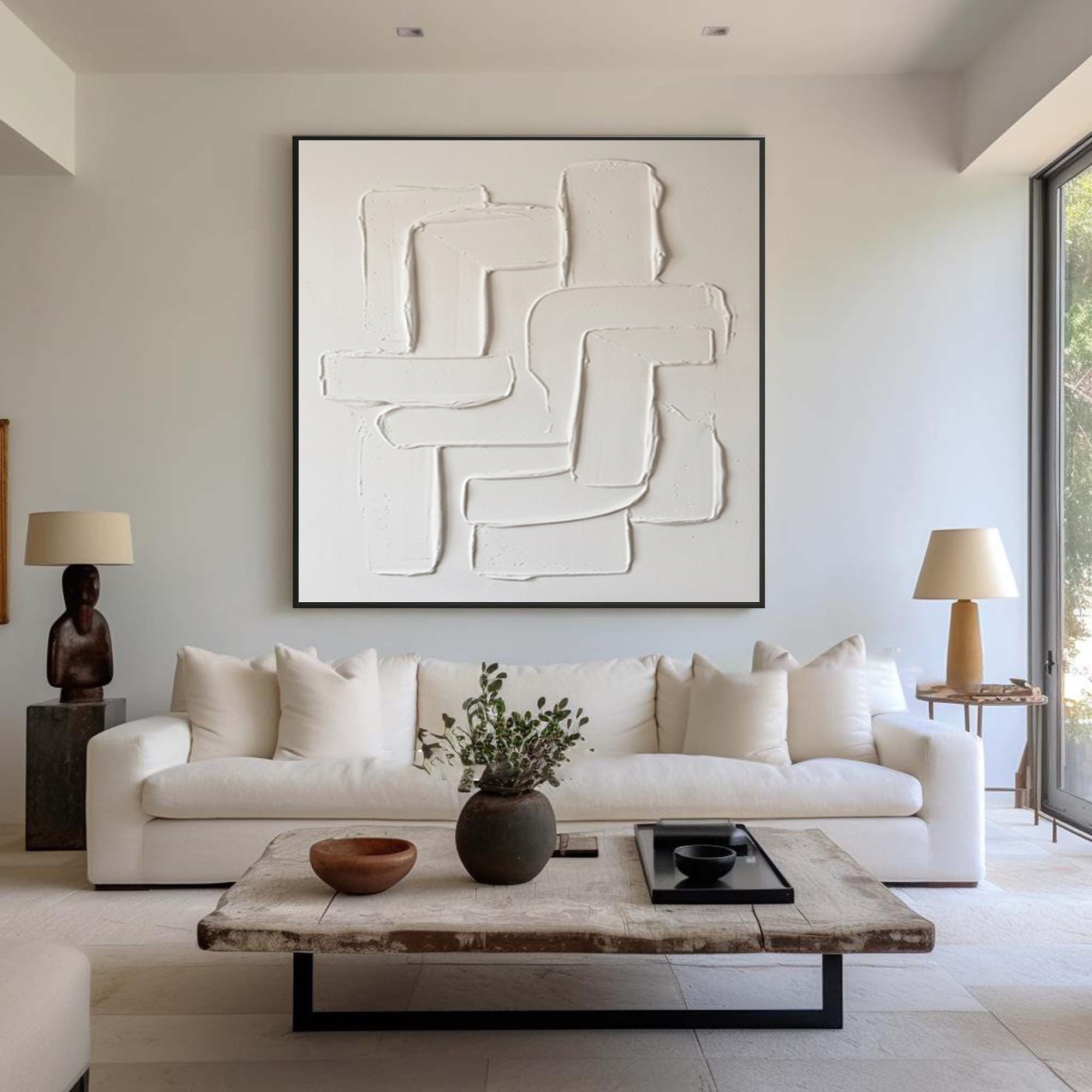 Large White Textured Wall Art Hand Painted Modern Abstract Canvas