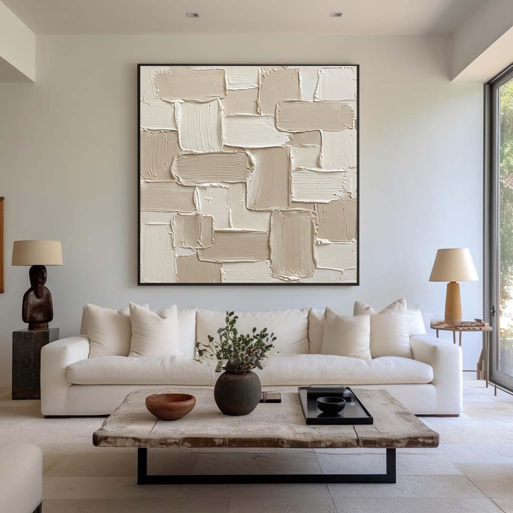Large Geometric Patch Relief Wall Art Contemporary Neutral Textured Canvas Painting