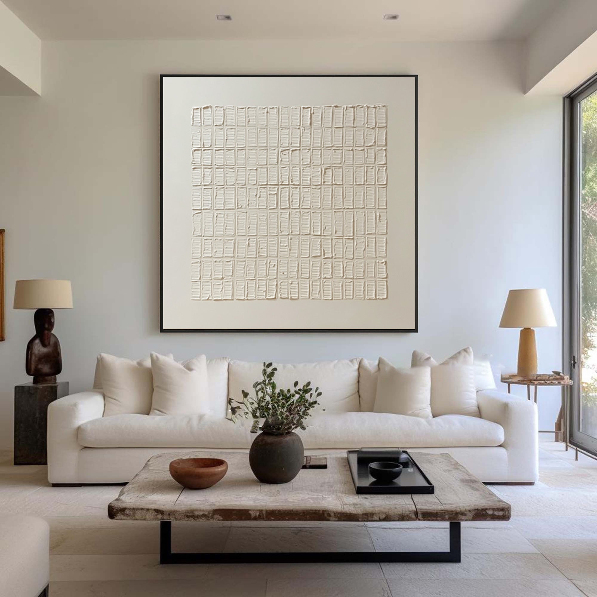 Modern Textured Wall Art Cream White Grid Decor #WG 058