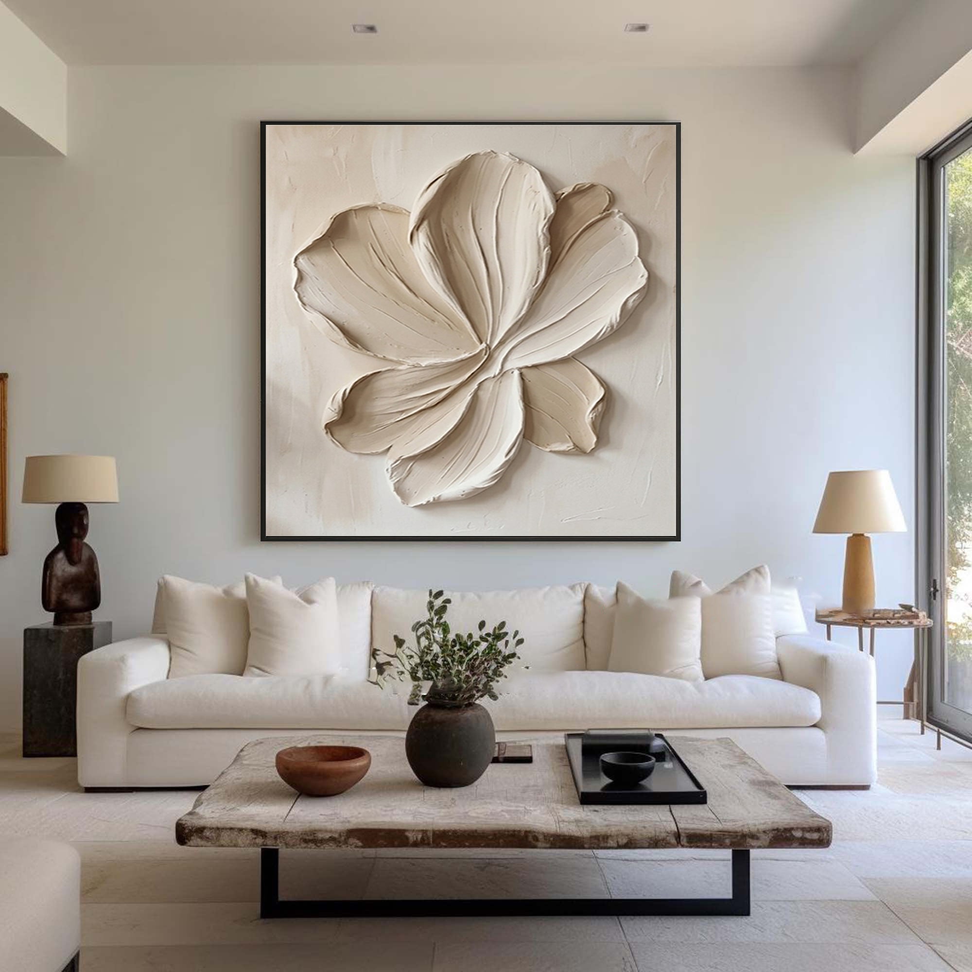 Large Botanical Relief Wall Art Contemporary Neutral Floral Canvas Painting