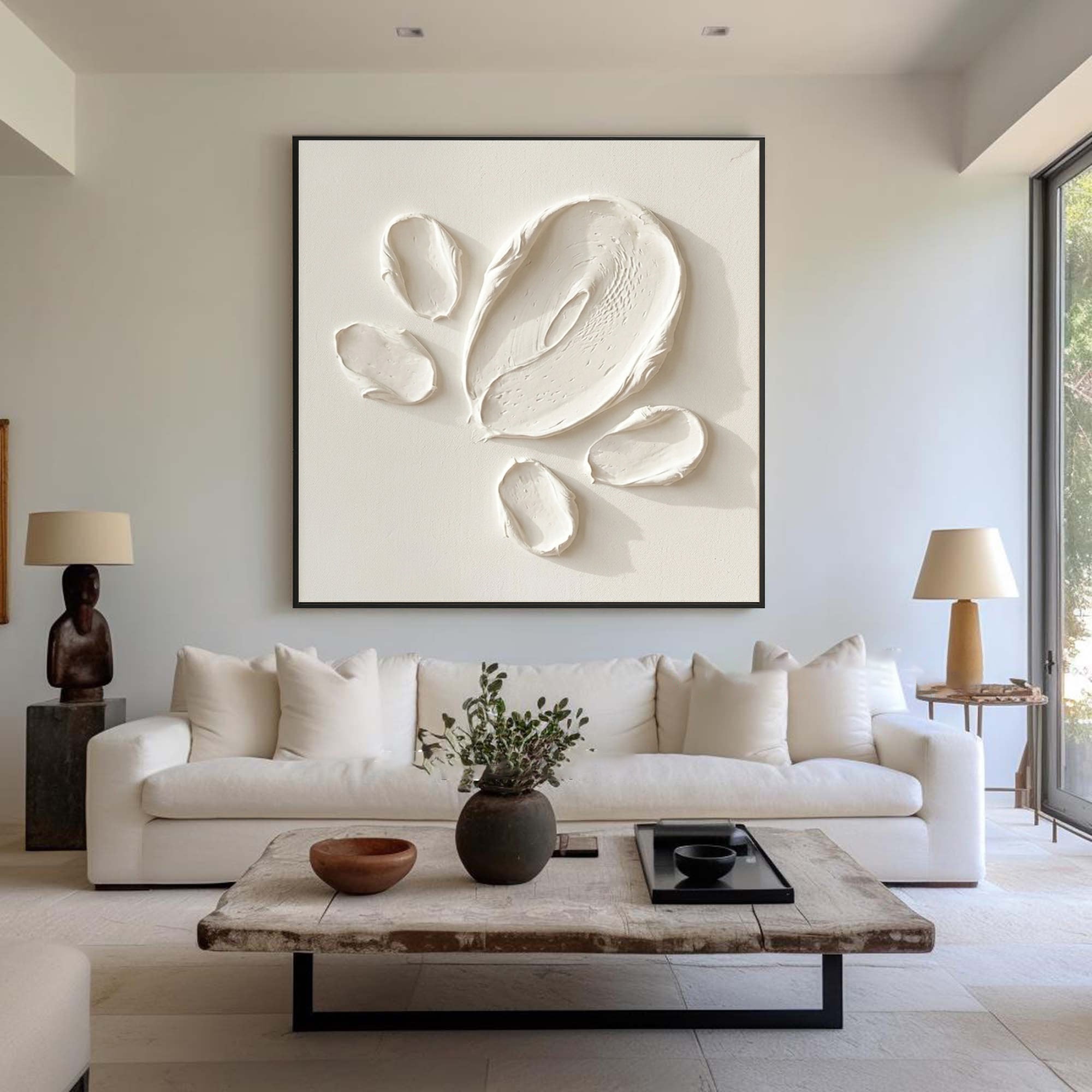 Large Minimalist White Oil Painting with Abstract Textured Petal Wall Art 