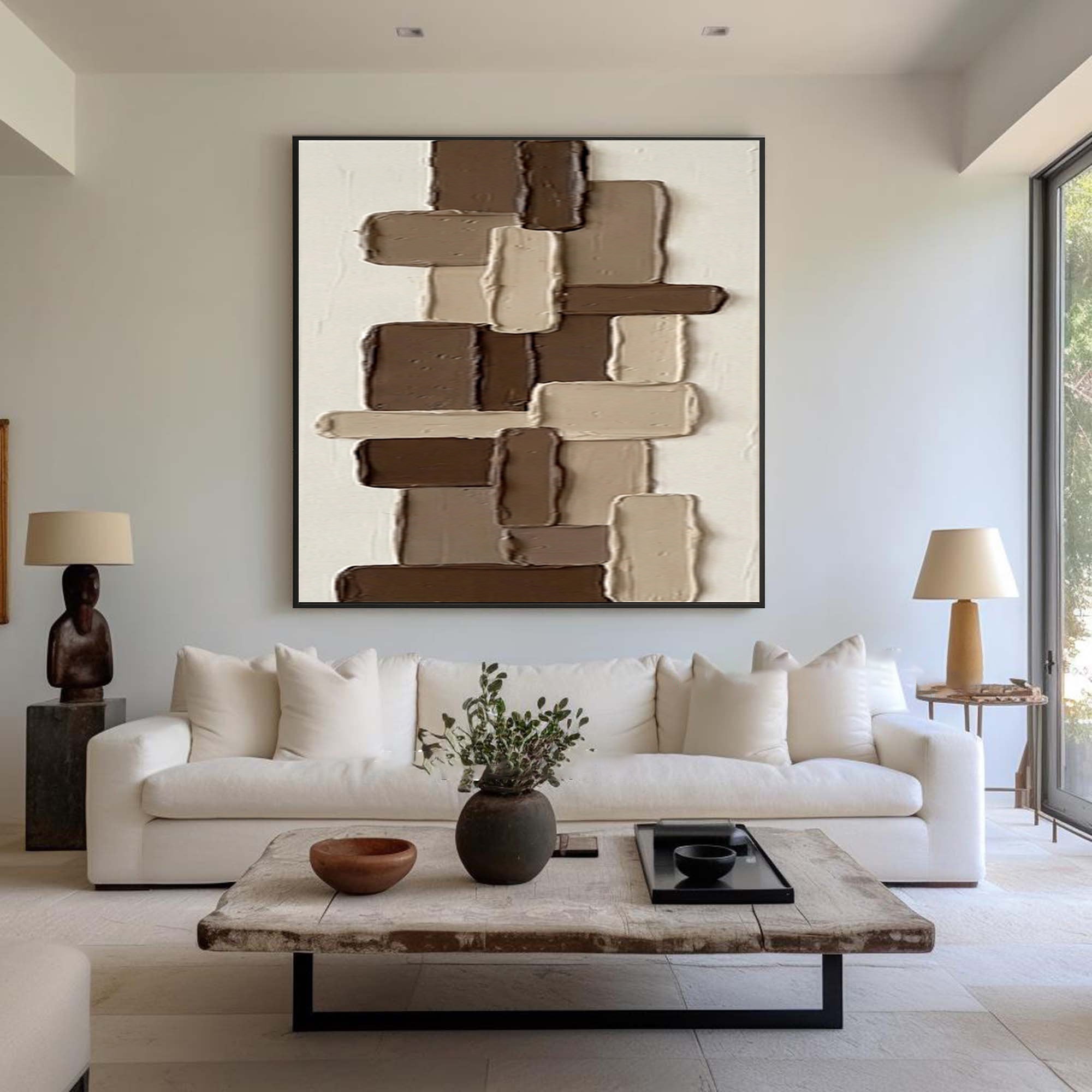 Large Brown Geometric Textured Wall Art Hand Painted Abstract Canvas