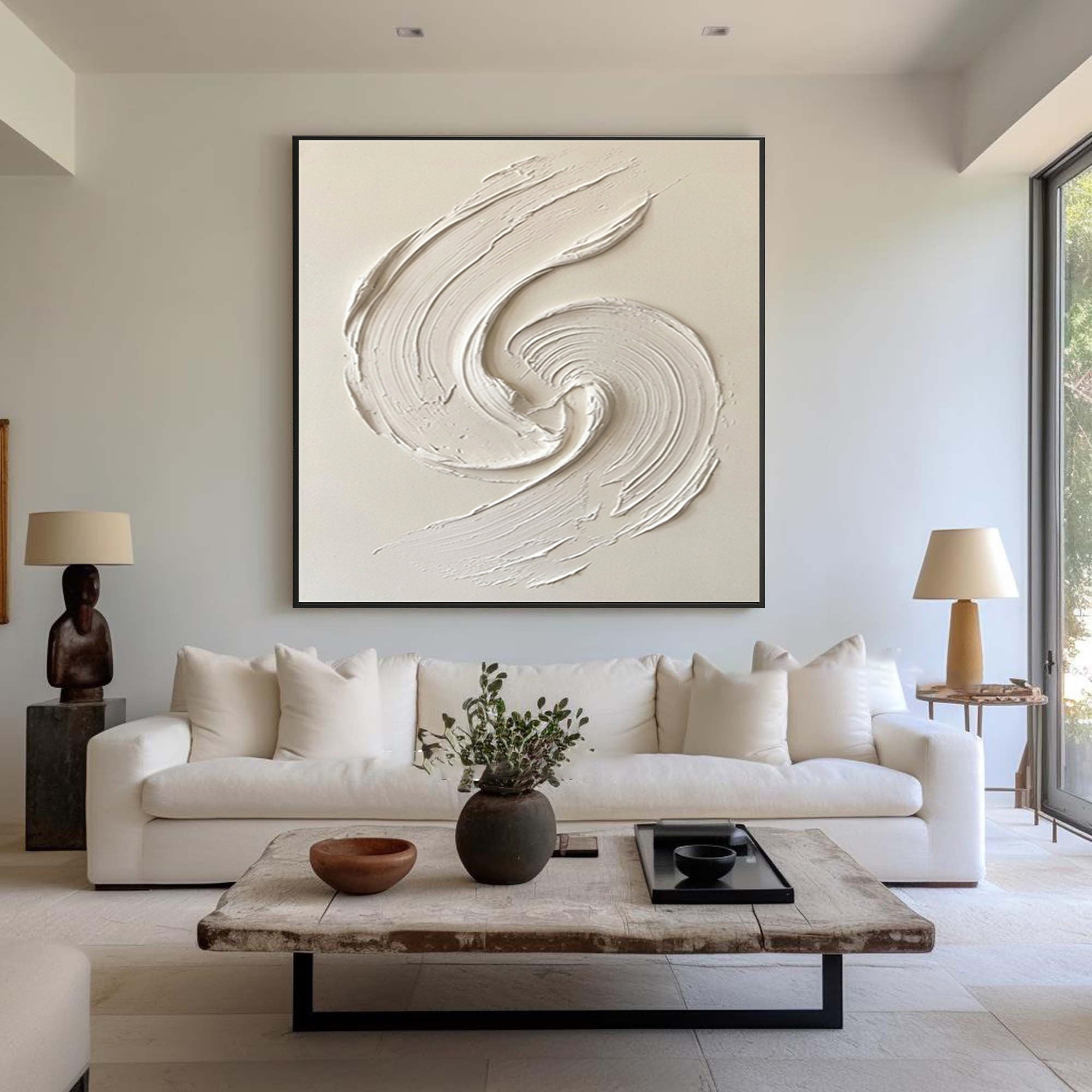 Large White Textured Spiral Wall Art Hand Painted Modern Canvas