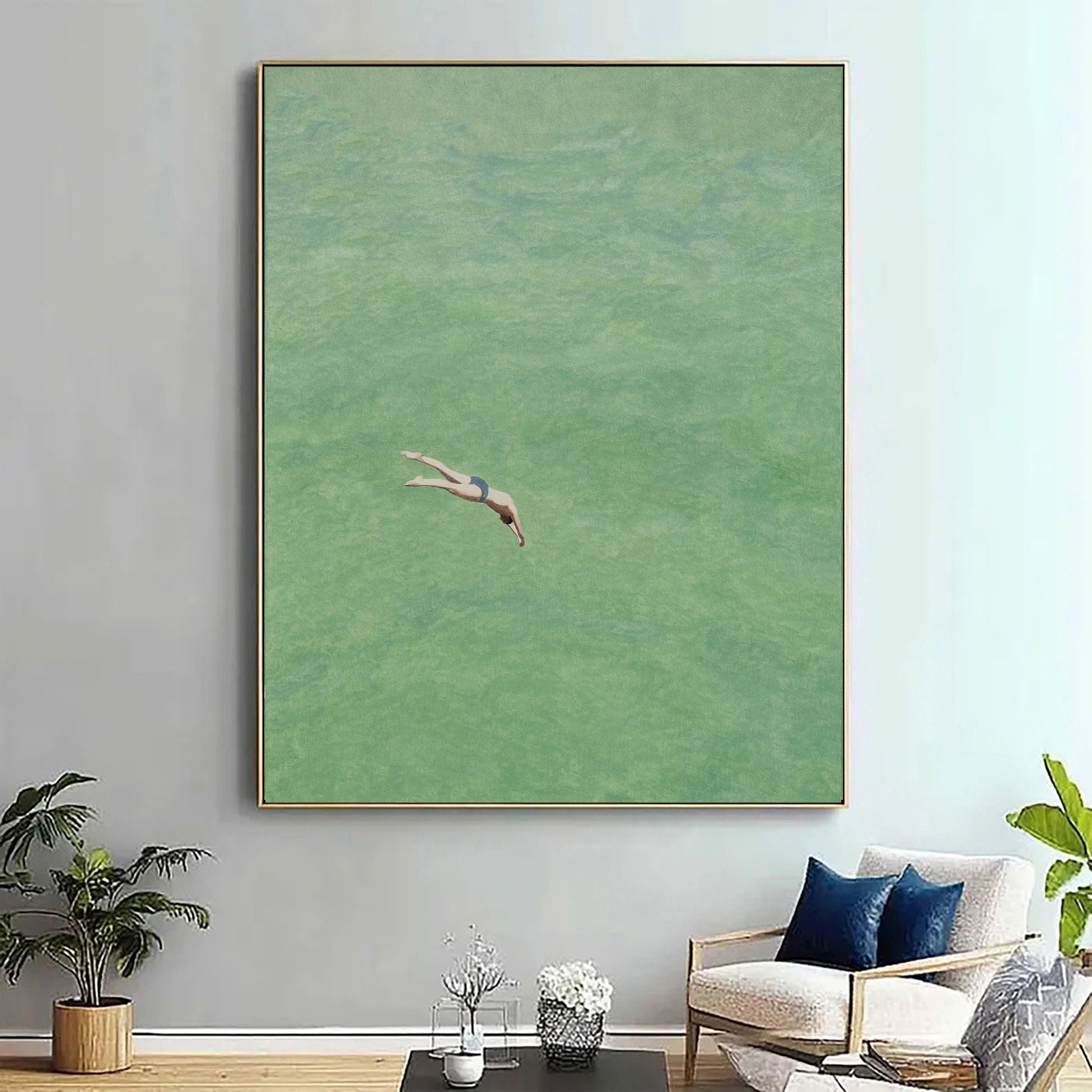 Contemporary Painting of a Diver Entering Clear Green Water #BGA 282