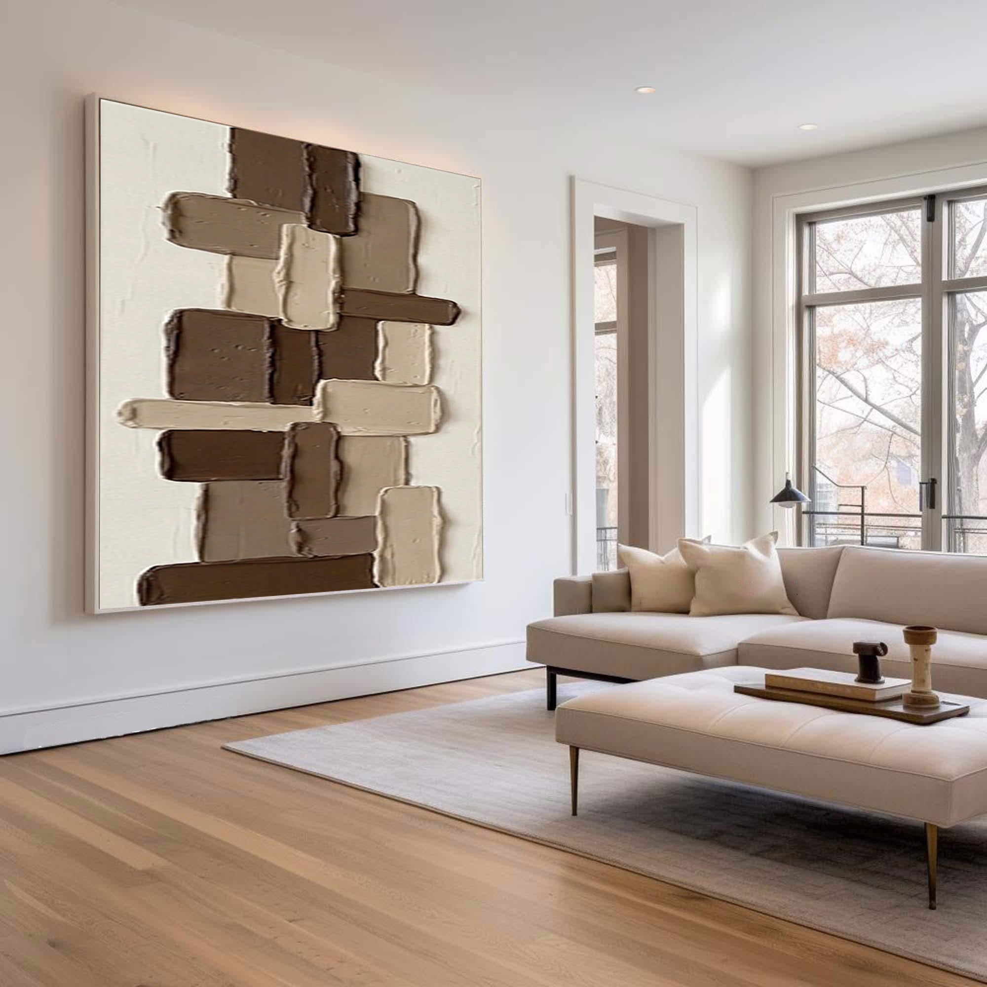 Large Brown Geometric Textured Wall Art Hand Painted Abstract Canvas