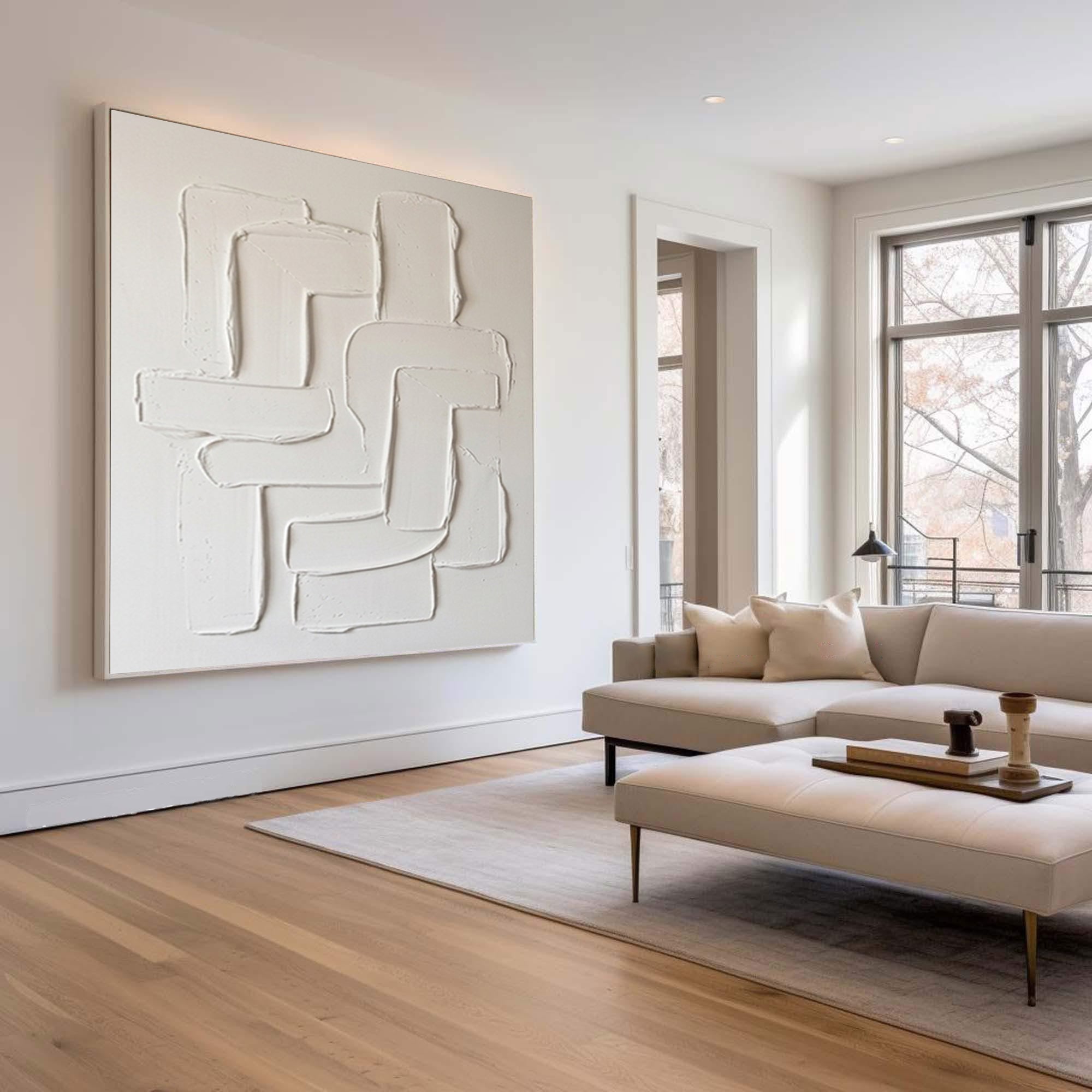 Large White Textured Wall Art Hand Painted Modern Abstract Canvas