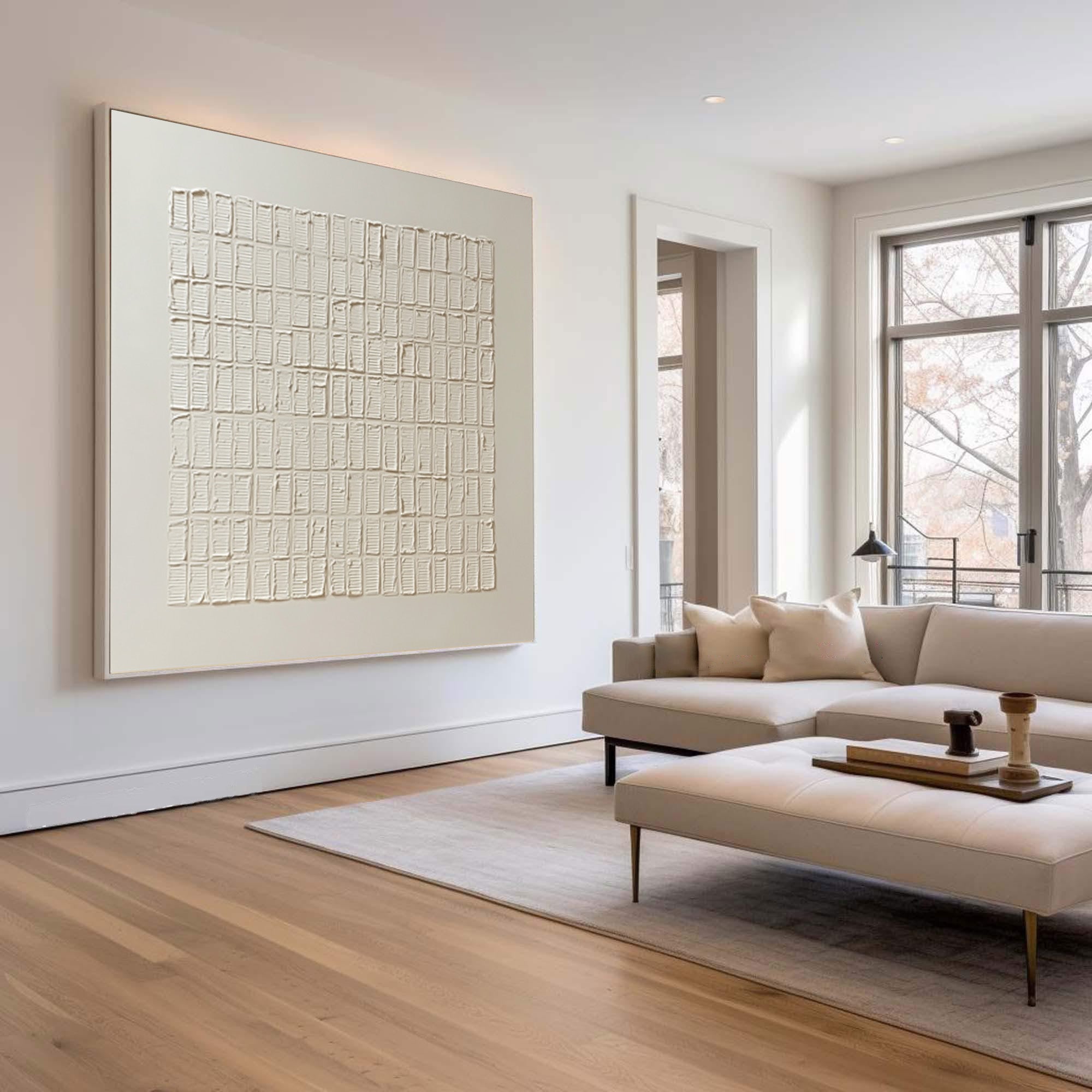 Modern Textured Wall Art Cream White Grid Decor #WG 058