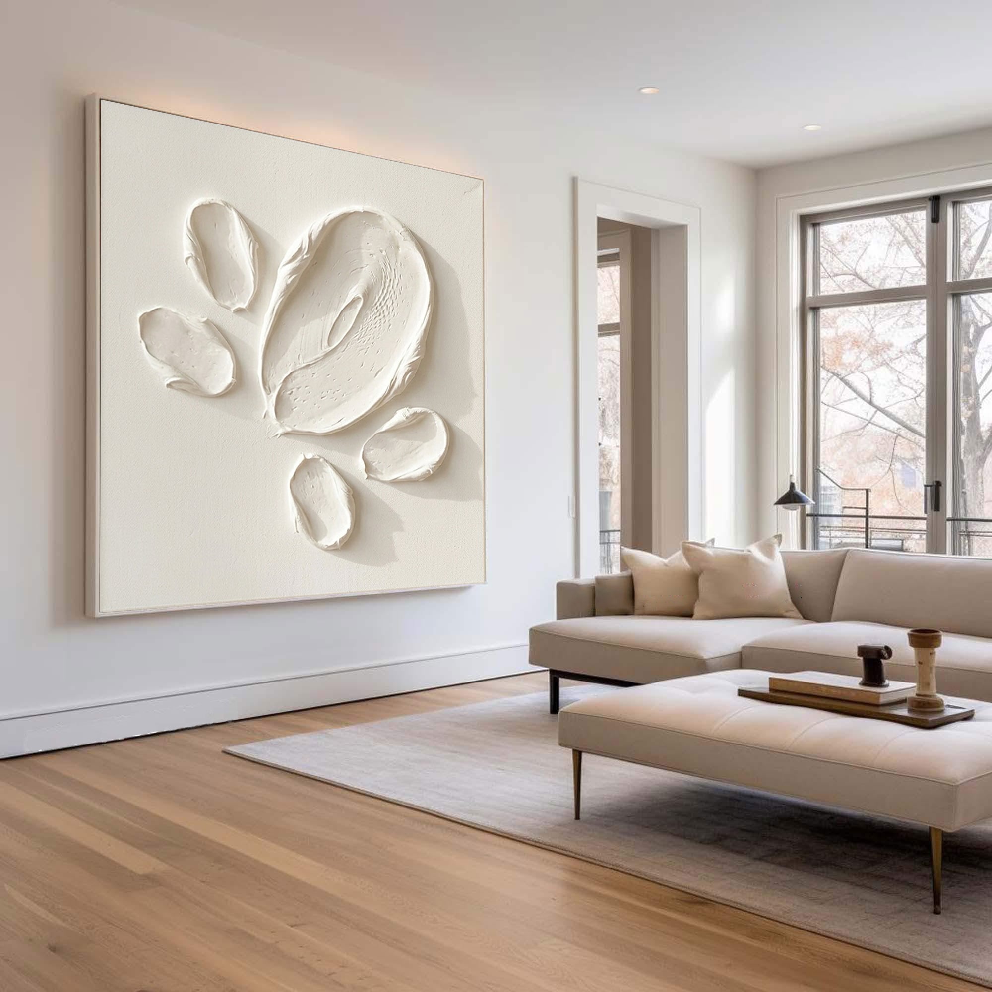 Large Minimalist White Oil Painting with Abstract Textured Petal Wall Art 