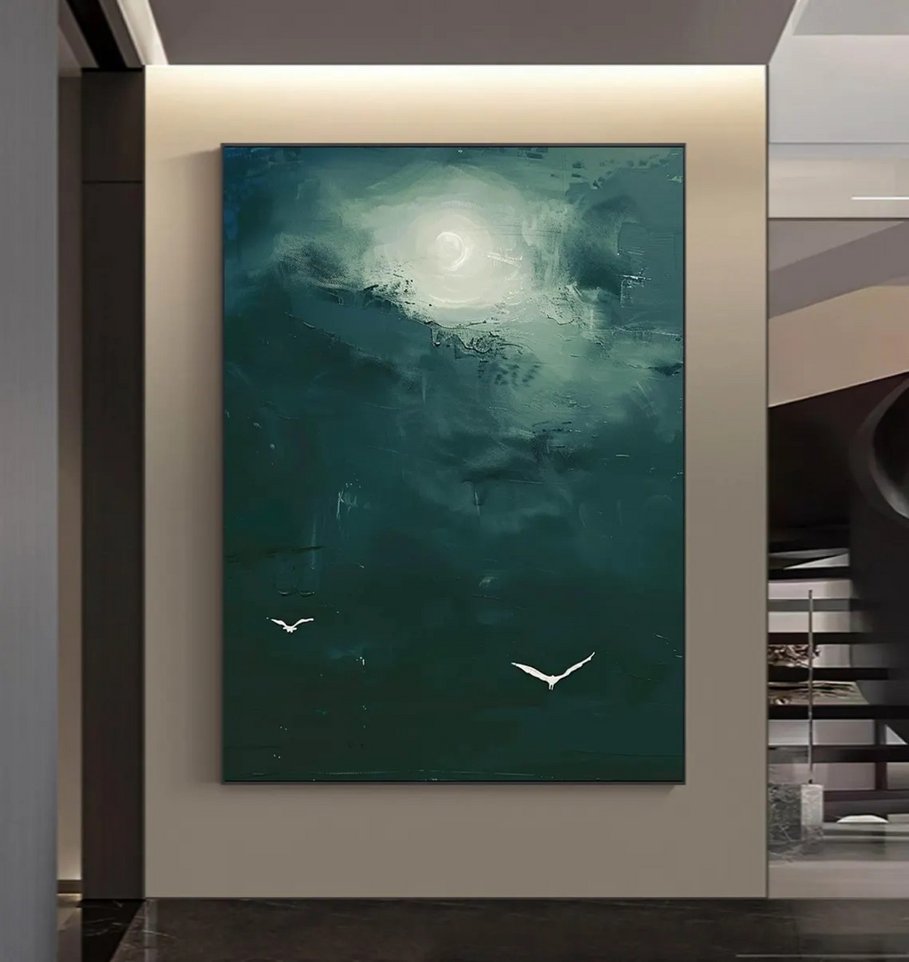 Green Sky Abstract, Minimalist Bird Art, Modern Decor #BGA 094