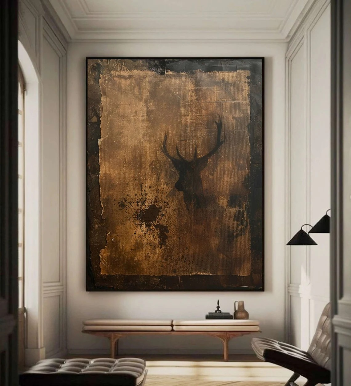 Rustic Painting, Deer Silhouette, Wabi-Sabi Inspired Wall Art #BGA 079