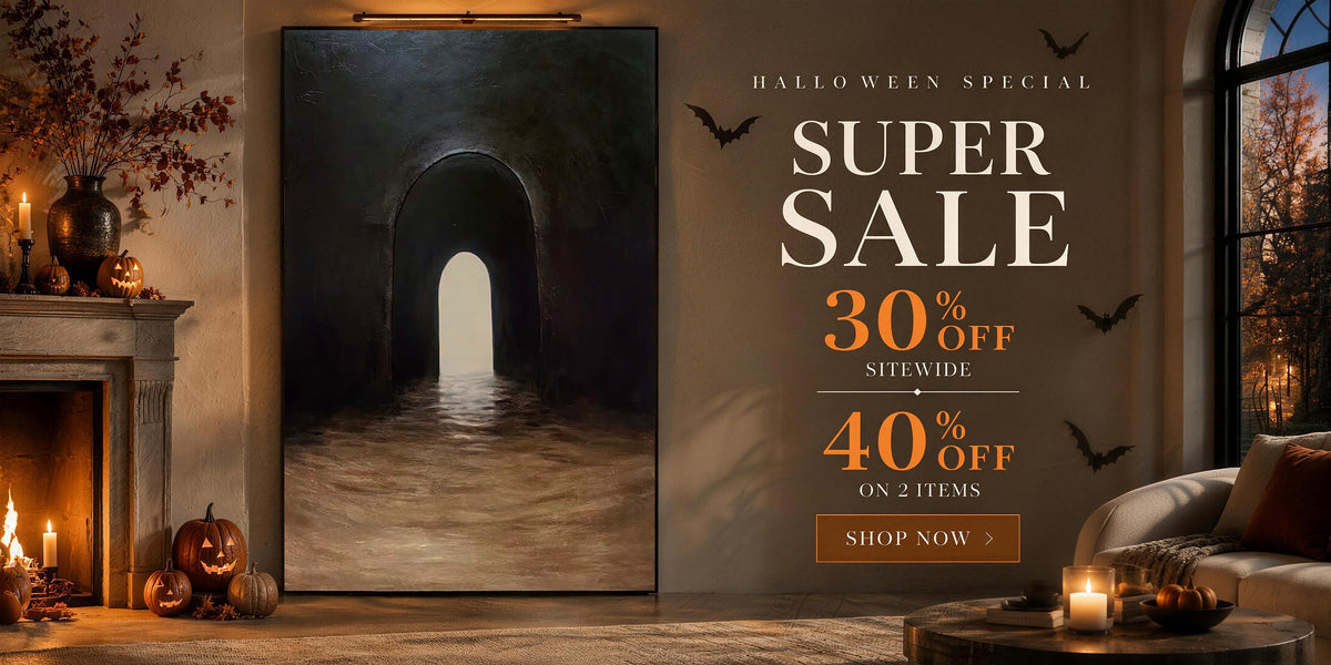 Autumn Season Super Sale promotional banner offering 30% off sitewide, featuring a misty pine forest wall art.