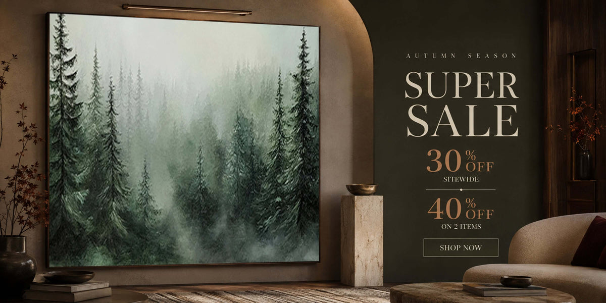 Autumn Season Super Sale promotional banner offering 30% off sitewide, featuring a misty pine forest wall art.
