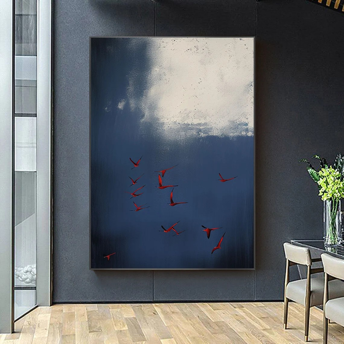 Surreal Blue Sky With Red Birds Canvas, Contemporary Wall Art #BGA 087