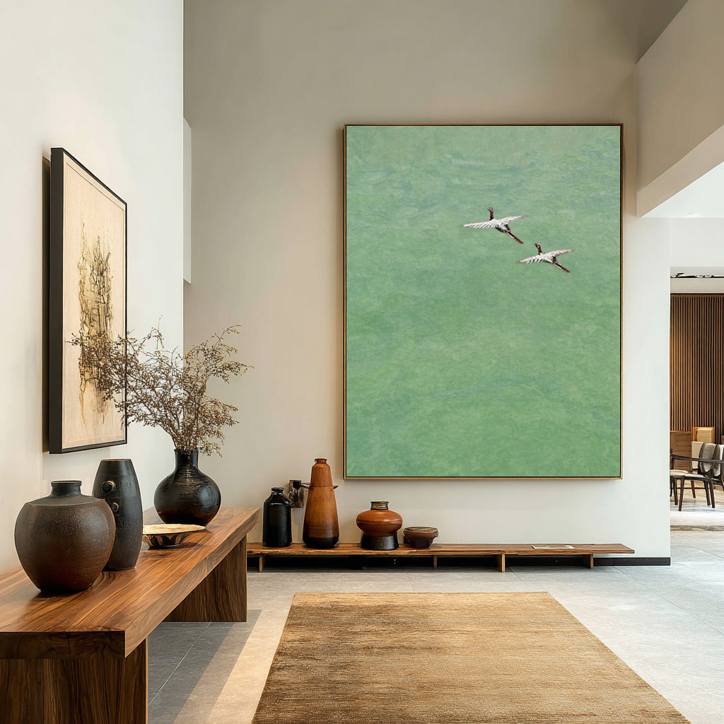 Minimalist Bird Painting - Green Textured Abstract Art #WG 085