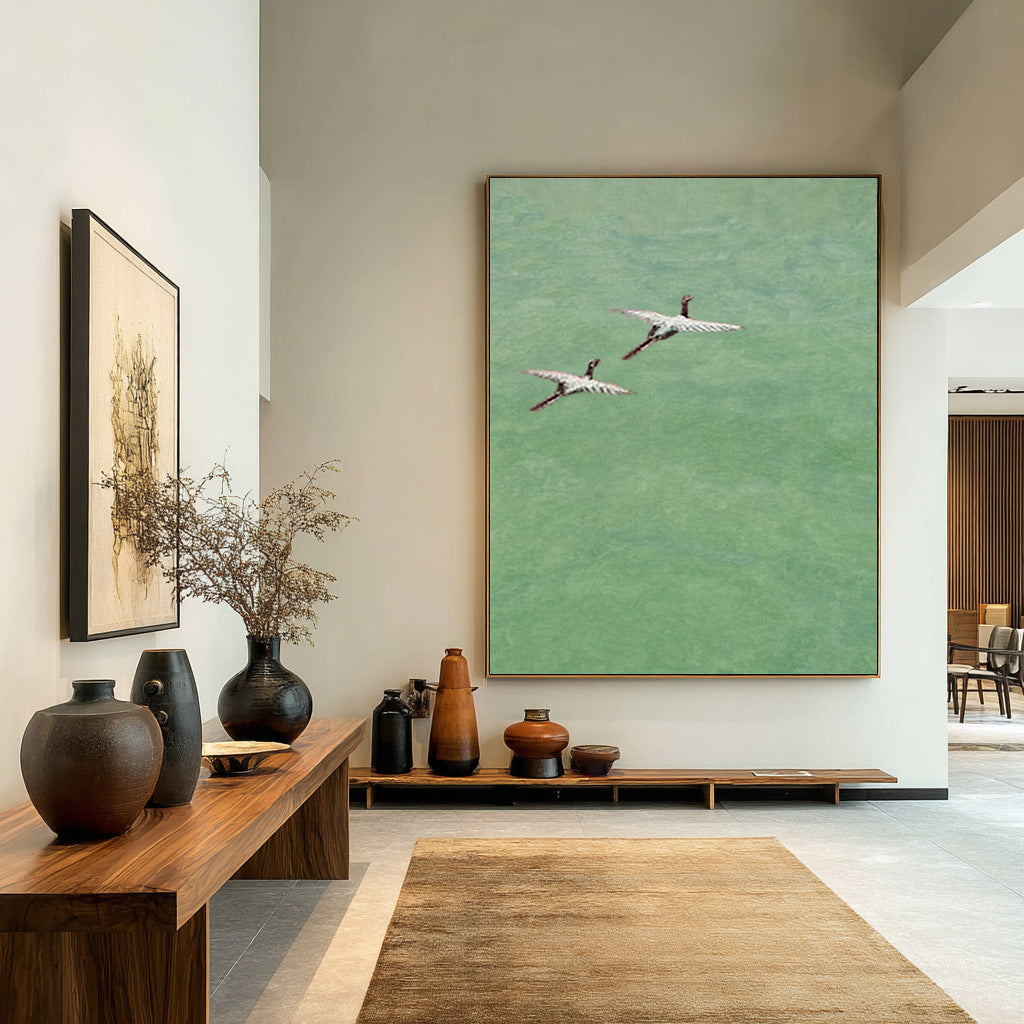 Contemporary Green Abstract Canvas with Flying Birds #WG 084