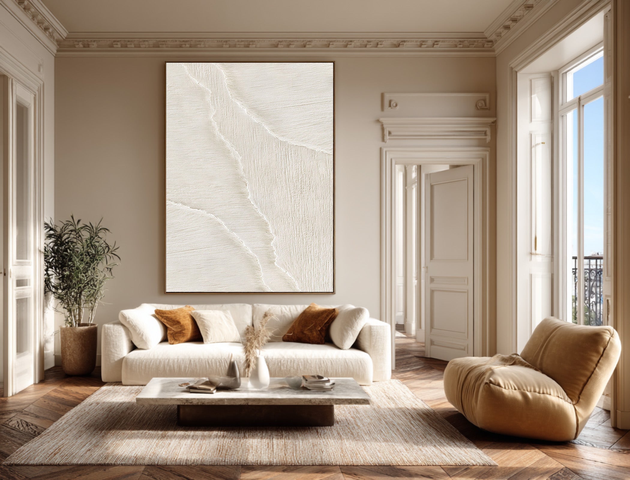 Vertical Textured Wave Art | Minimalist Beige Canvas #WG 068