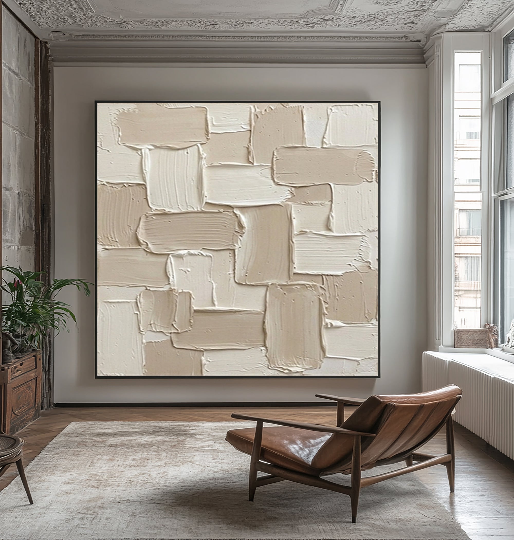 Large Geometric Patch Relief Wall Art Contemporary Neutral Textured Canvas Painting