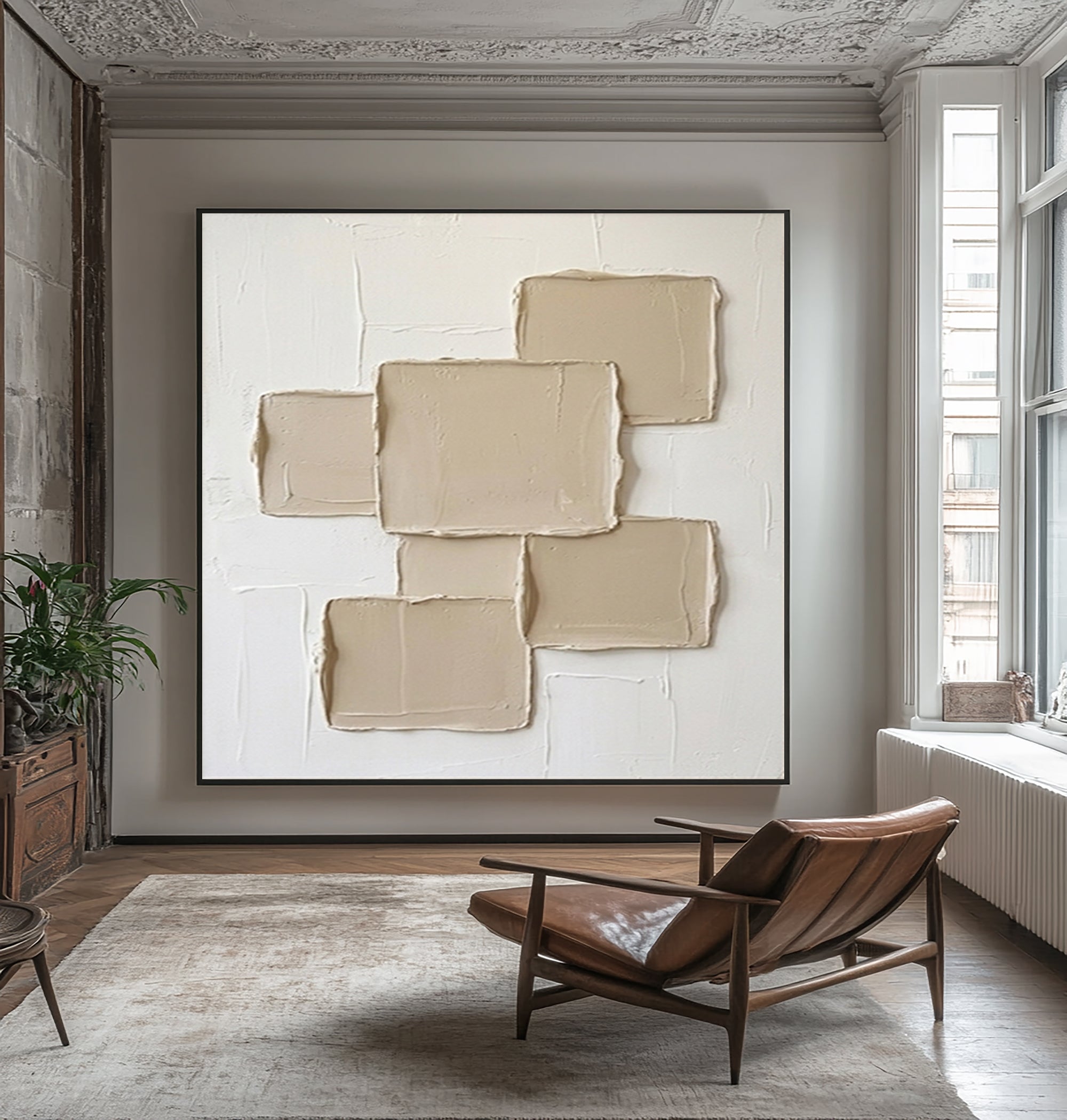Large Neutral Geometric Textured Wall Art Hand Painted Abstract Canvas 