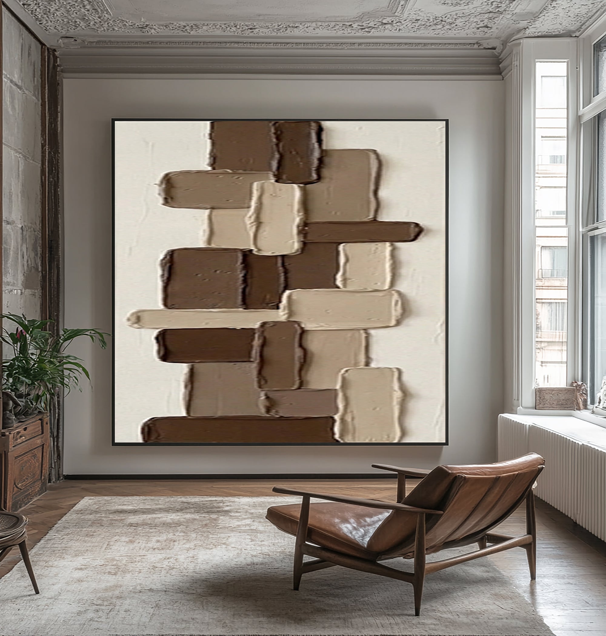 Large Brown Geometric Textured Wall Art Hand Painted Abstract Canvas