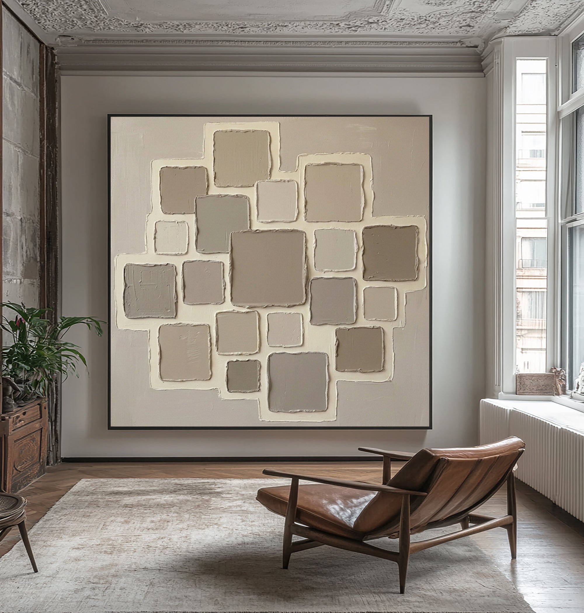 Large Linear Texture Oil Painting – Modern Neutral Abstract Wall Art 
