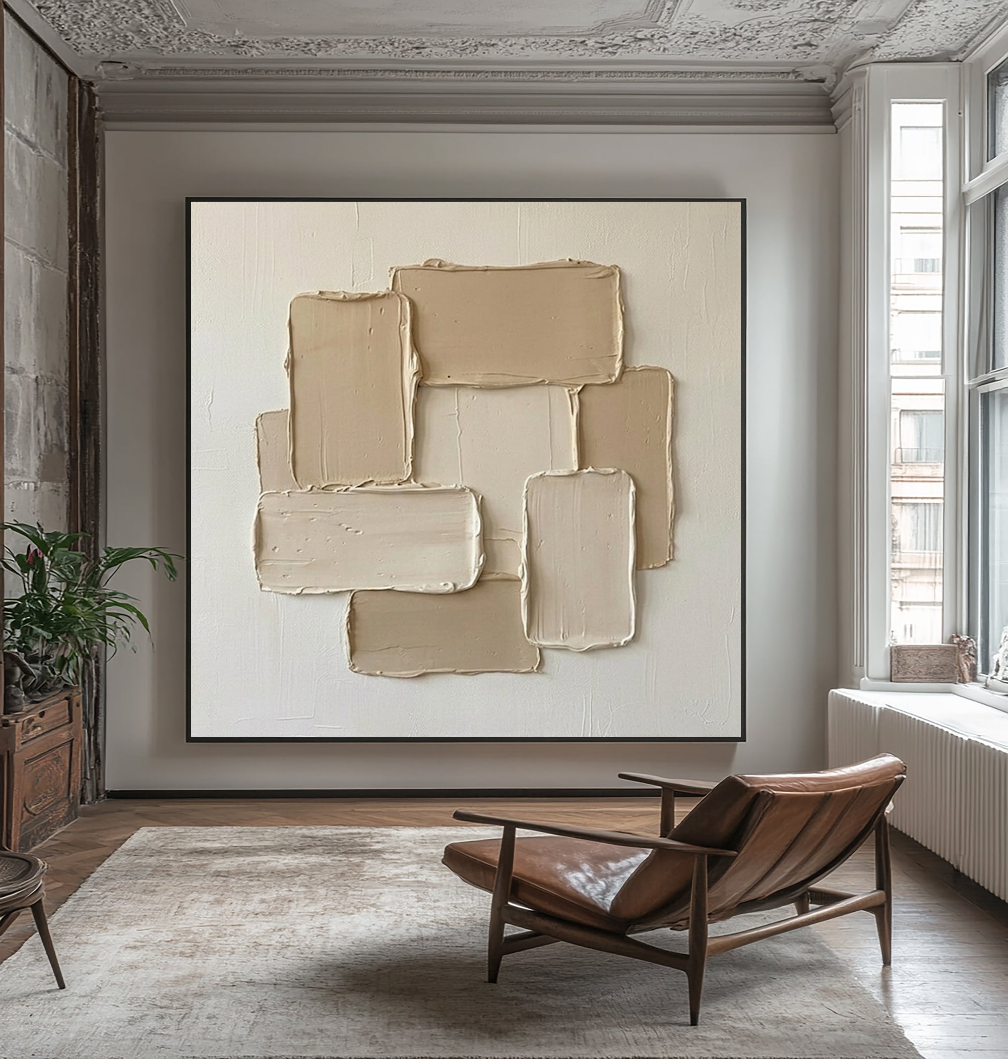 Large Neutral Geometric Oil Painting with Heavy Texture for Modern Wall Decor
