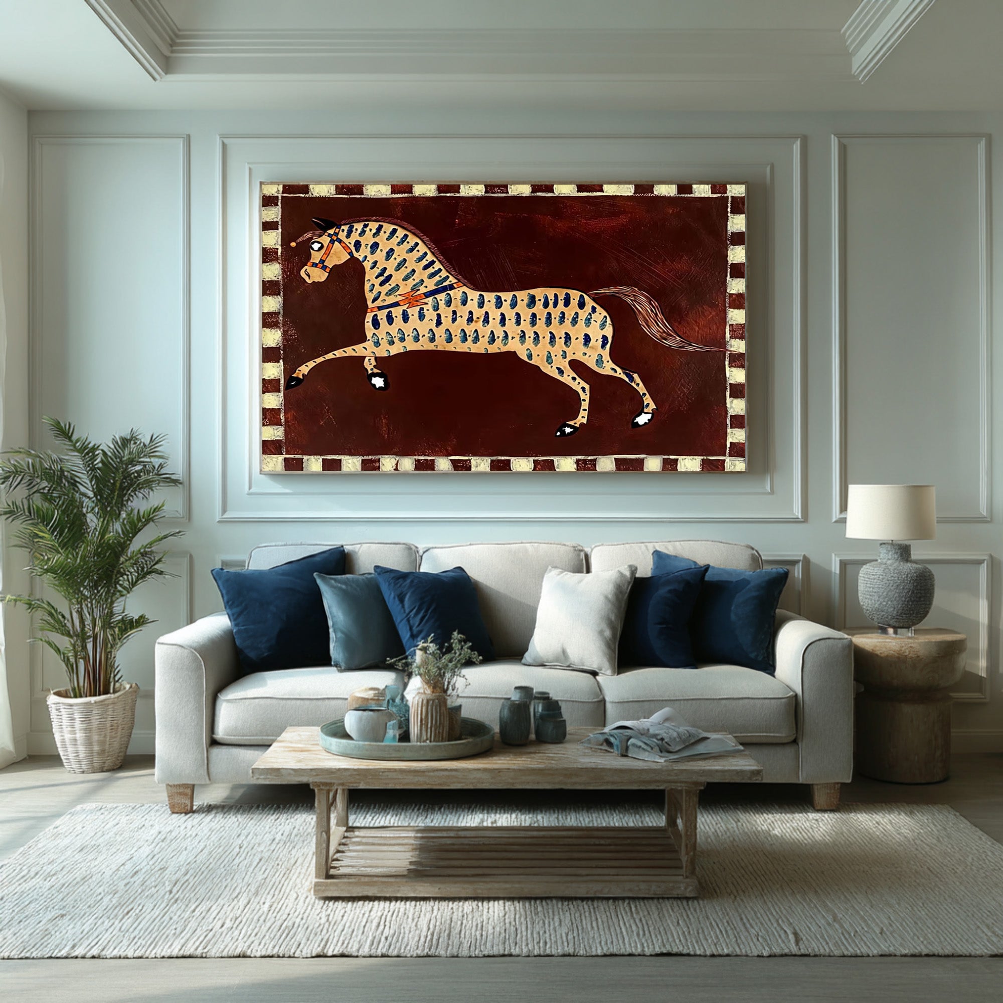 Large Folk Horse Wall Art Colorful Equestrian Canvas Painting | ArtvistaGallery