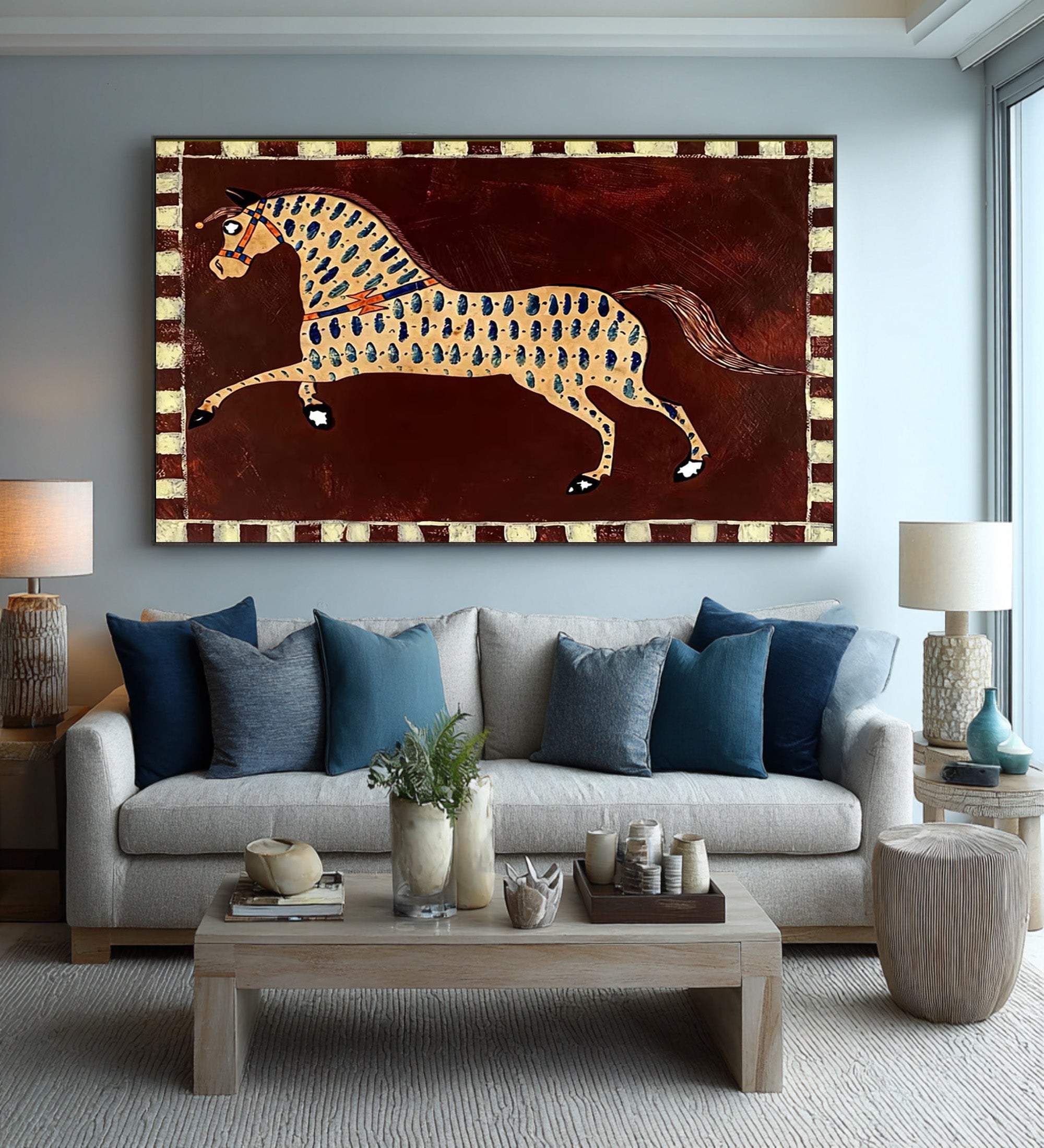 Large Folk Horse Wall Art Colorful Equestrian Canvas Painting | ArtvistaGallery