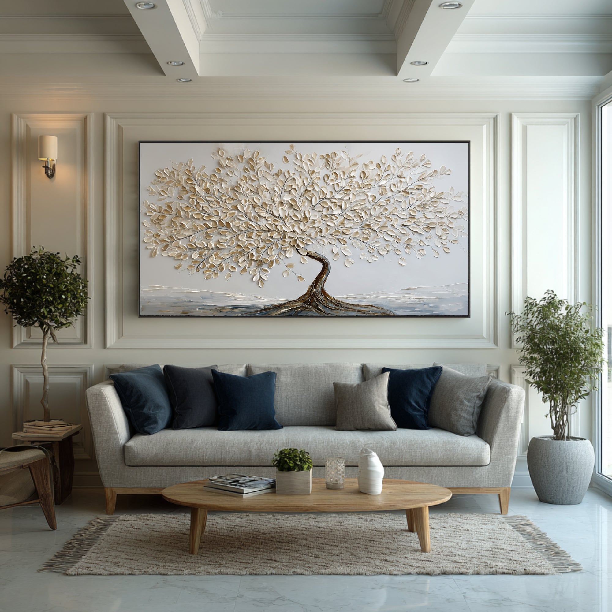Gold & White Textured Tree Art on Canvas #WG 063