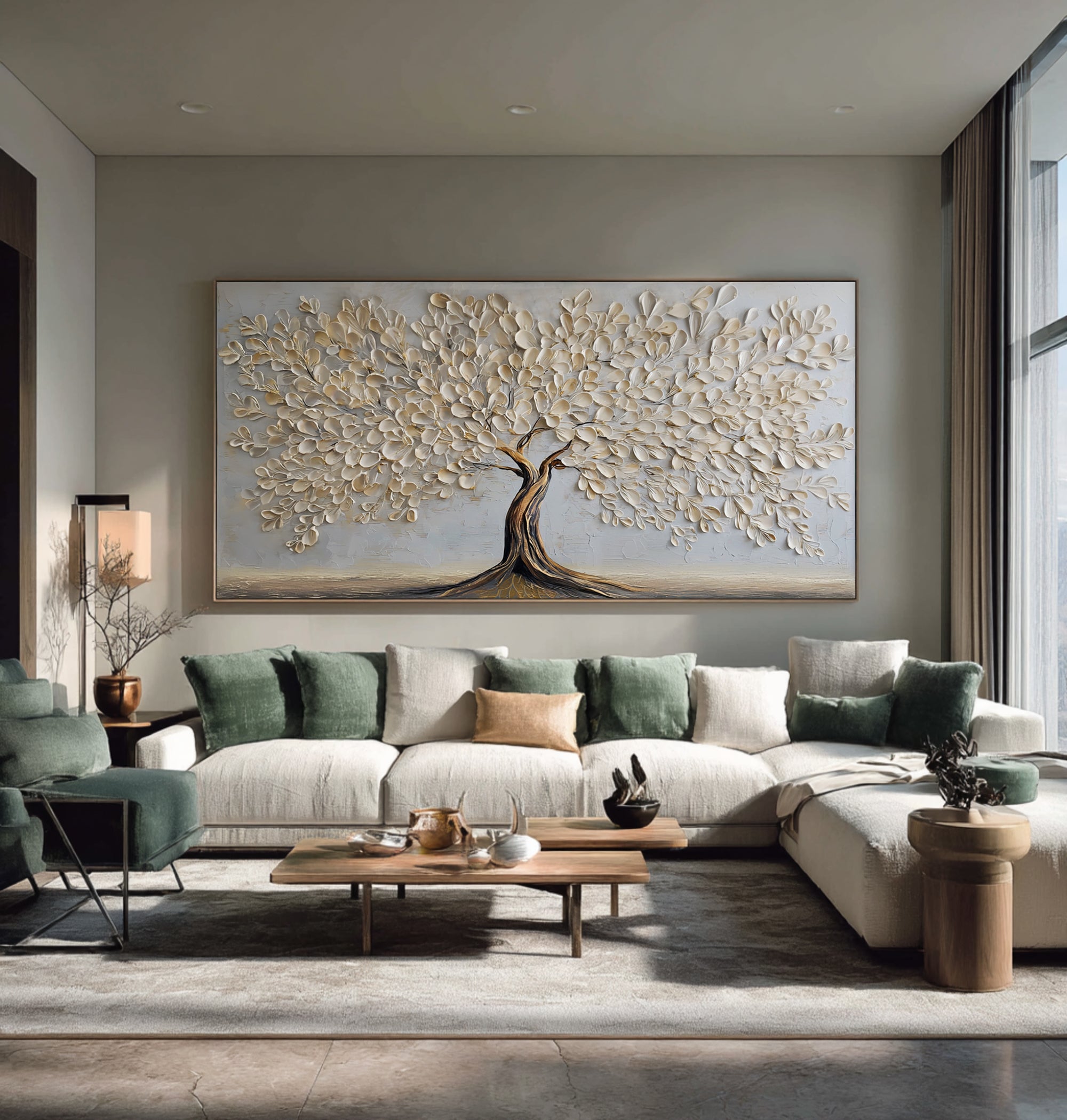 Luxurious Gold White Tree Painting: Textured Detail #WG 064