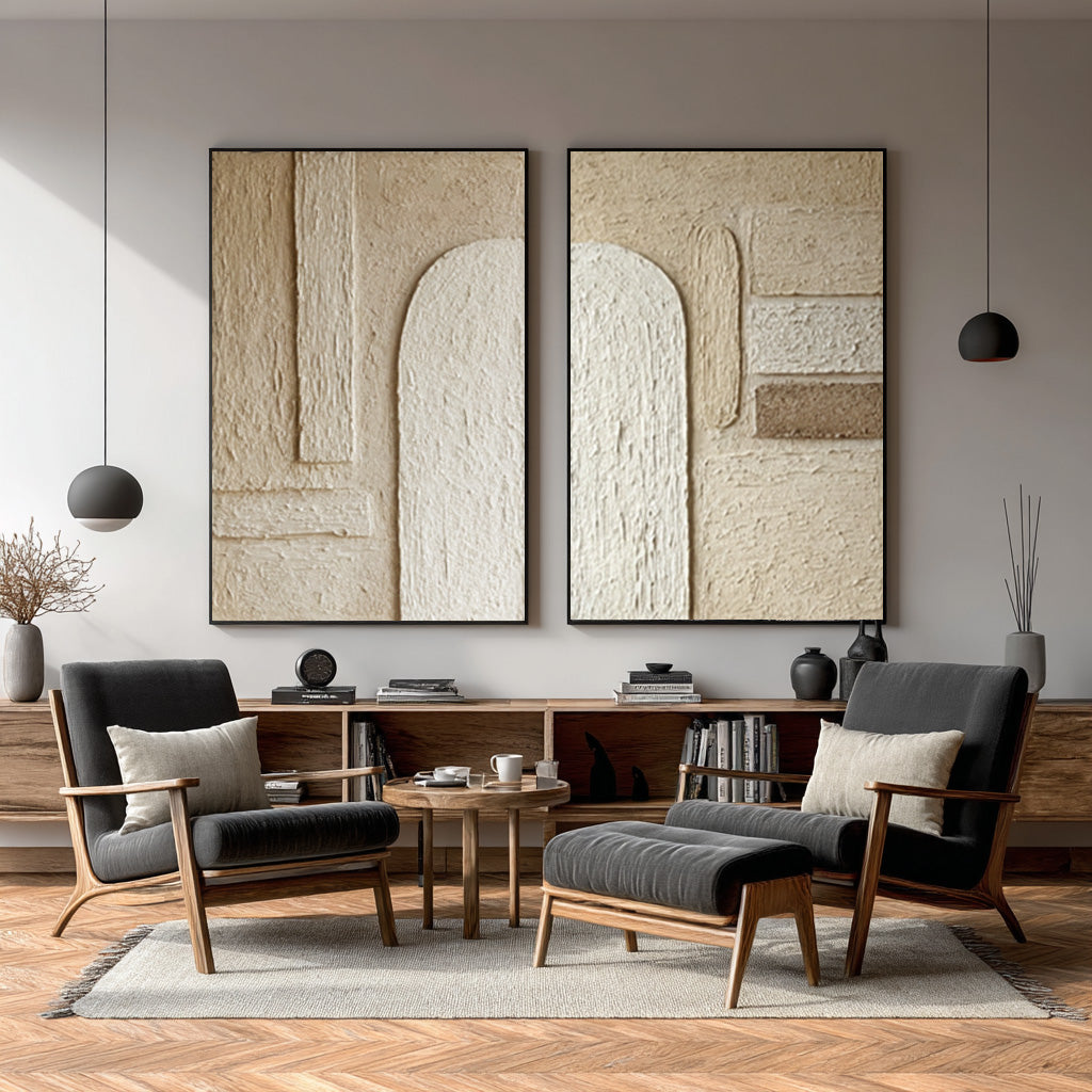 Contemporary Impasto Wall Art Diptych Neutral Tones Living #WG 040