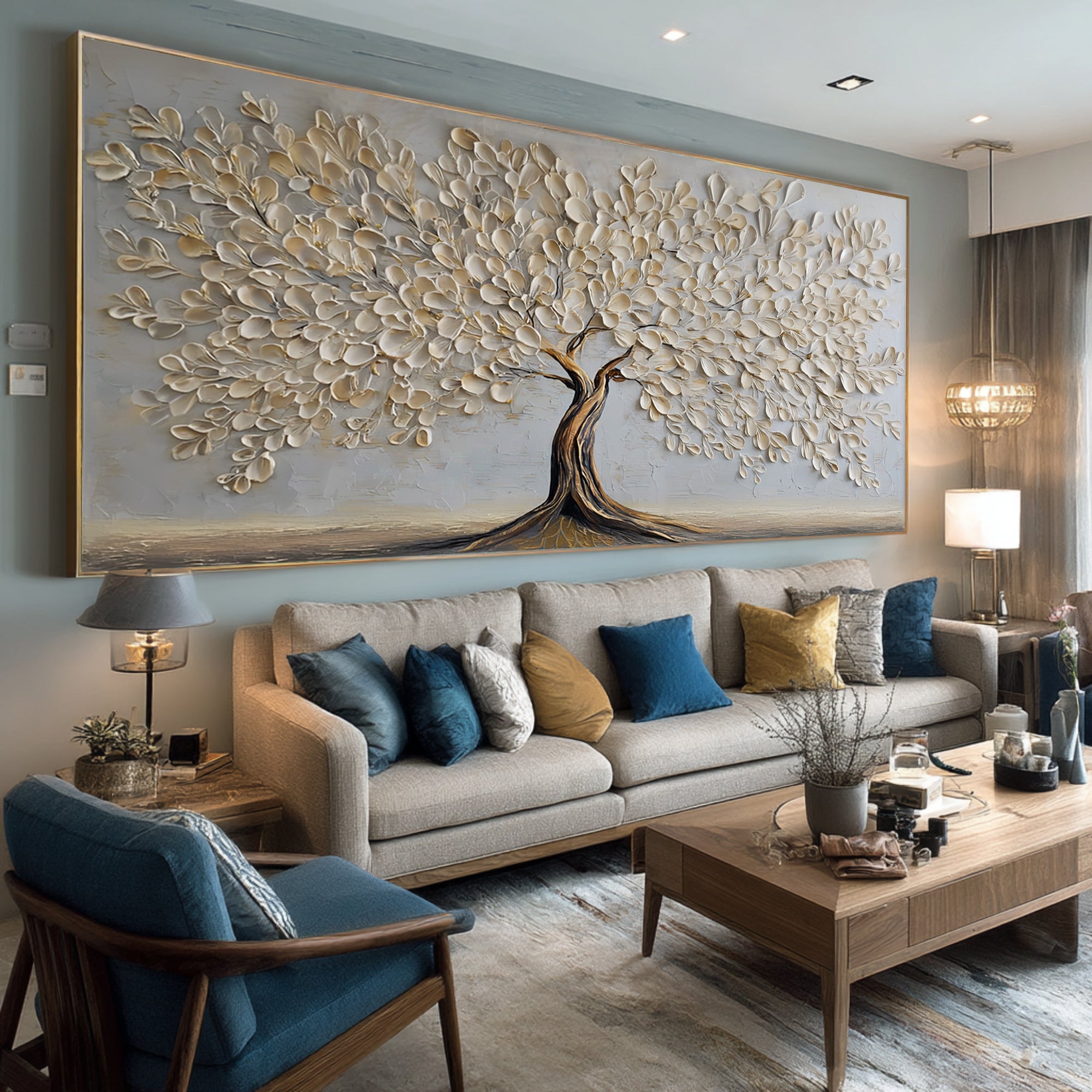 Luxurious Gold White Tree Painting: Textured Detail #WG 064